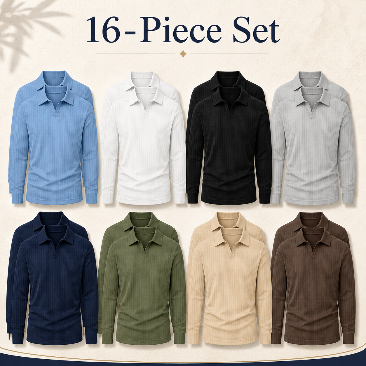 Mixed 16-piece set of men's ribbed polo shirts