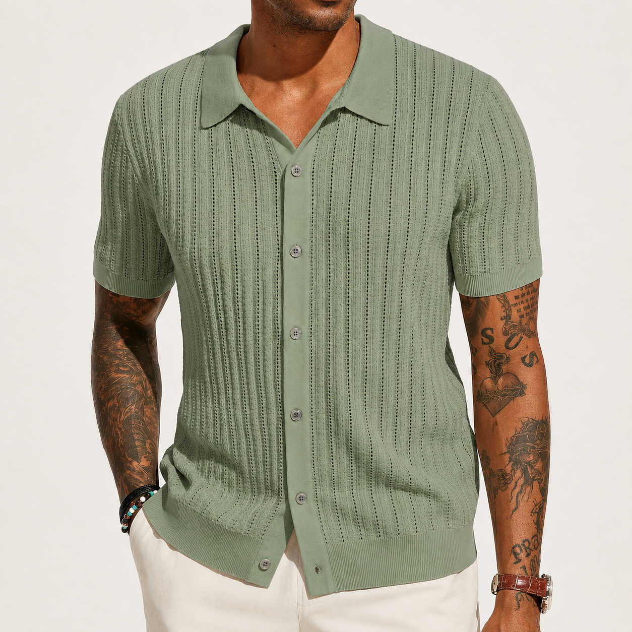 Sage Green openwork knit button-up shirt