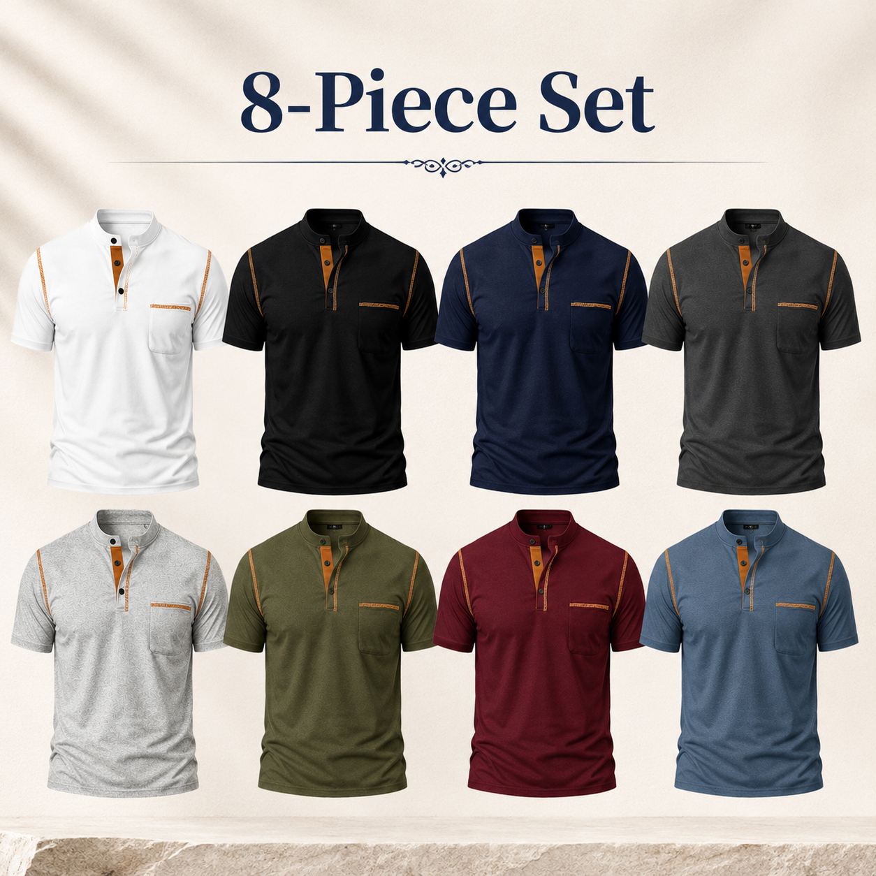 Mixed 8-Pack men's Henley shirt package image