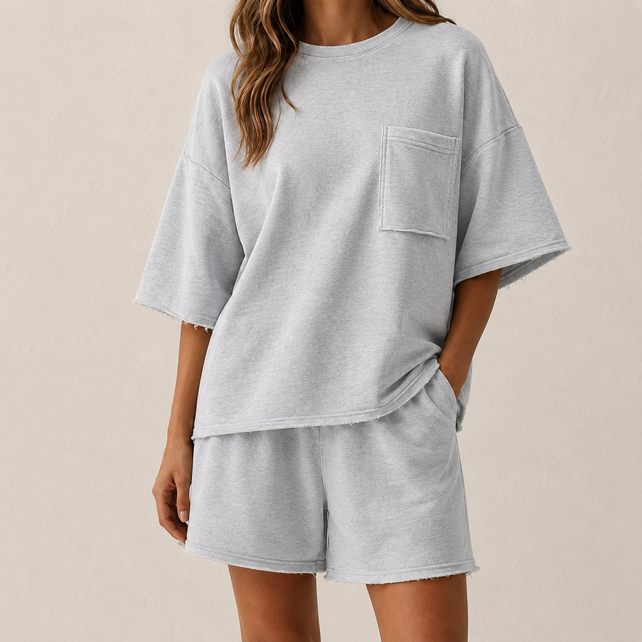 Light Heather Gray oversized short sleeve lounge set model image