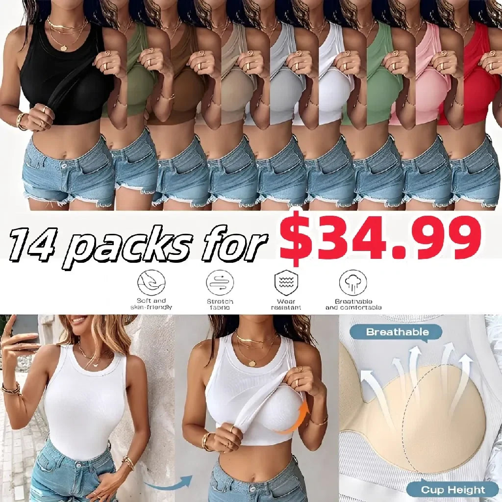 🔥This Week's Special Price🍃Round Neck Built-in Bra Ribbed Tank Top Fit Casual Comfortable💥