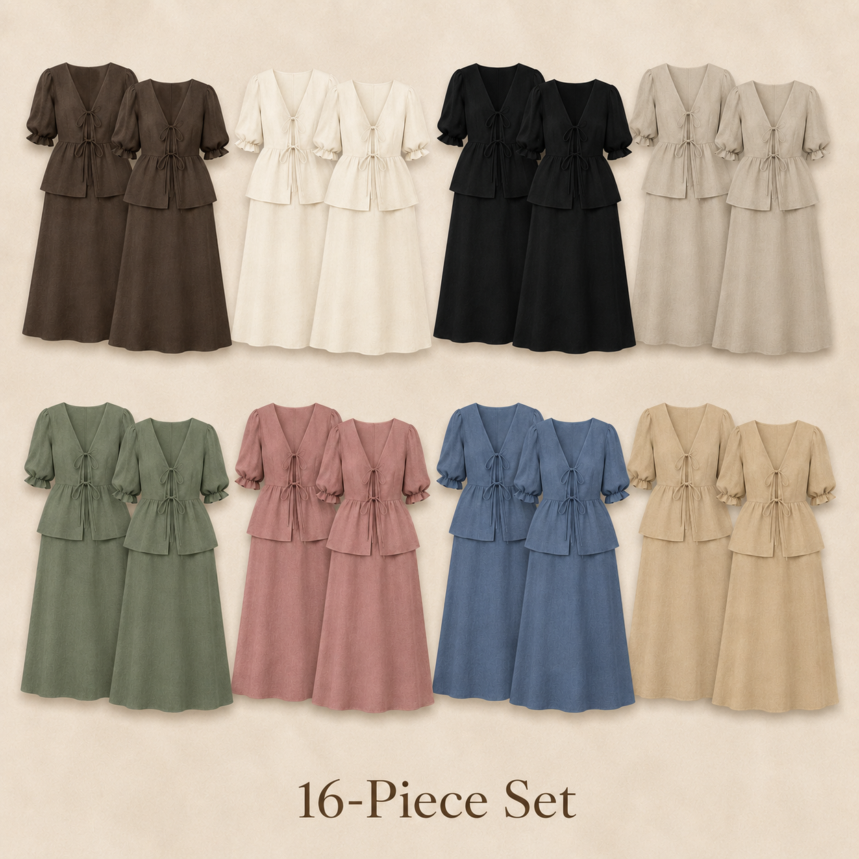 Sixteen piece set of tie front puff sleeve top and maxi skirt in assorted colors