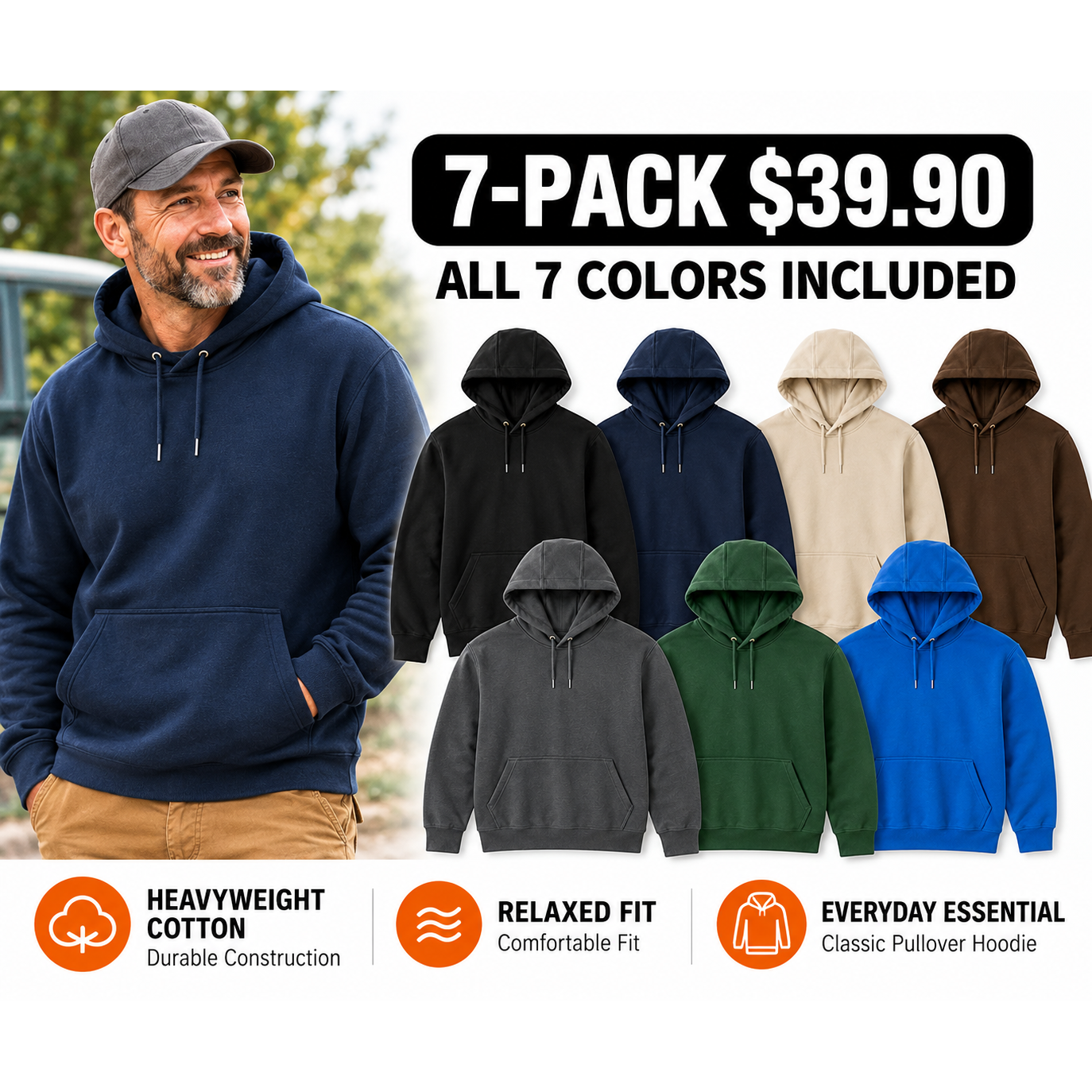 Men’s Pullover Hoodie – Solid Color Casual Sweatshirt with Kangaroo Pocket