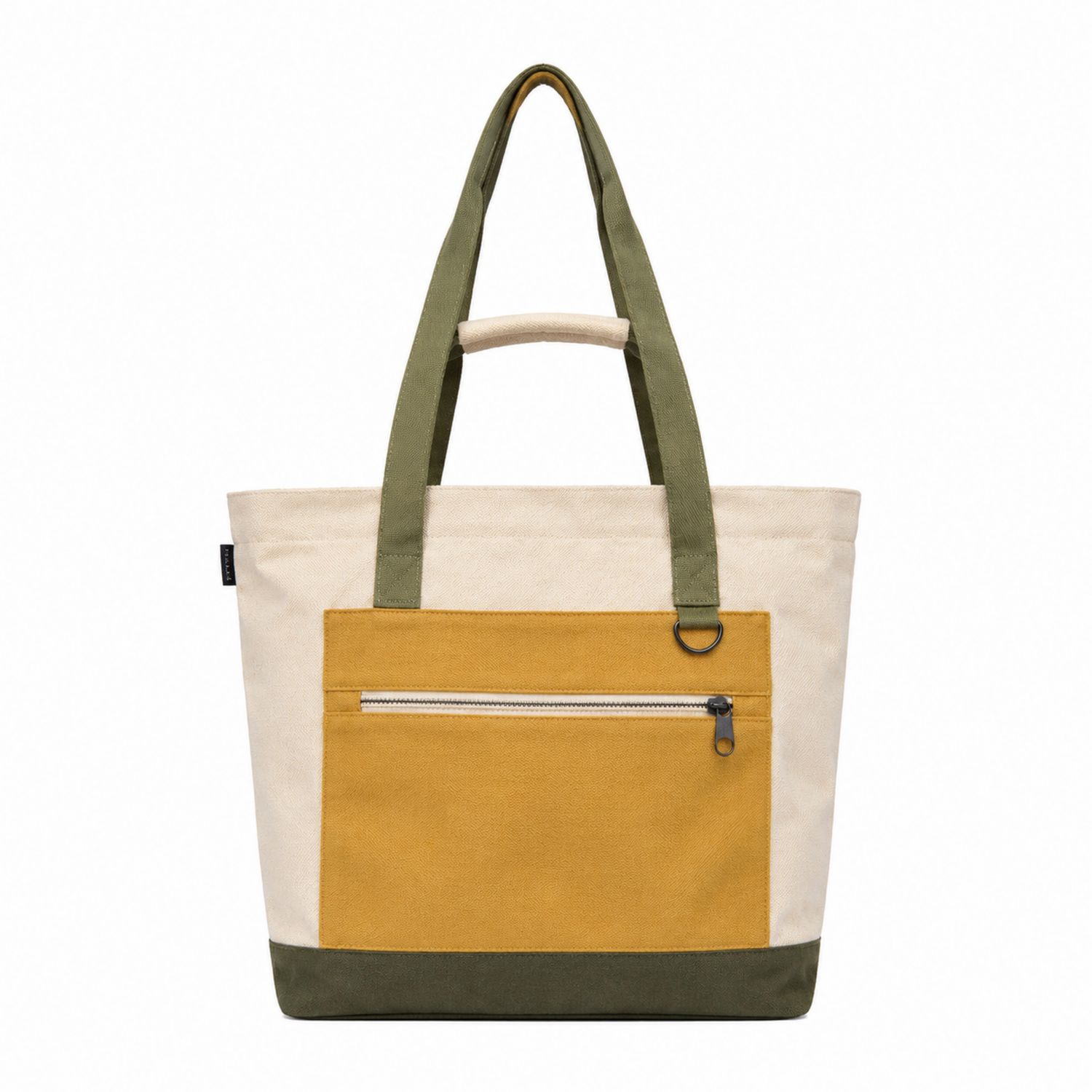 Grand cabas en toile beige, vert olive et moutarde avec poche zippée-nordrel