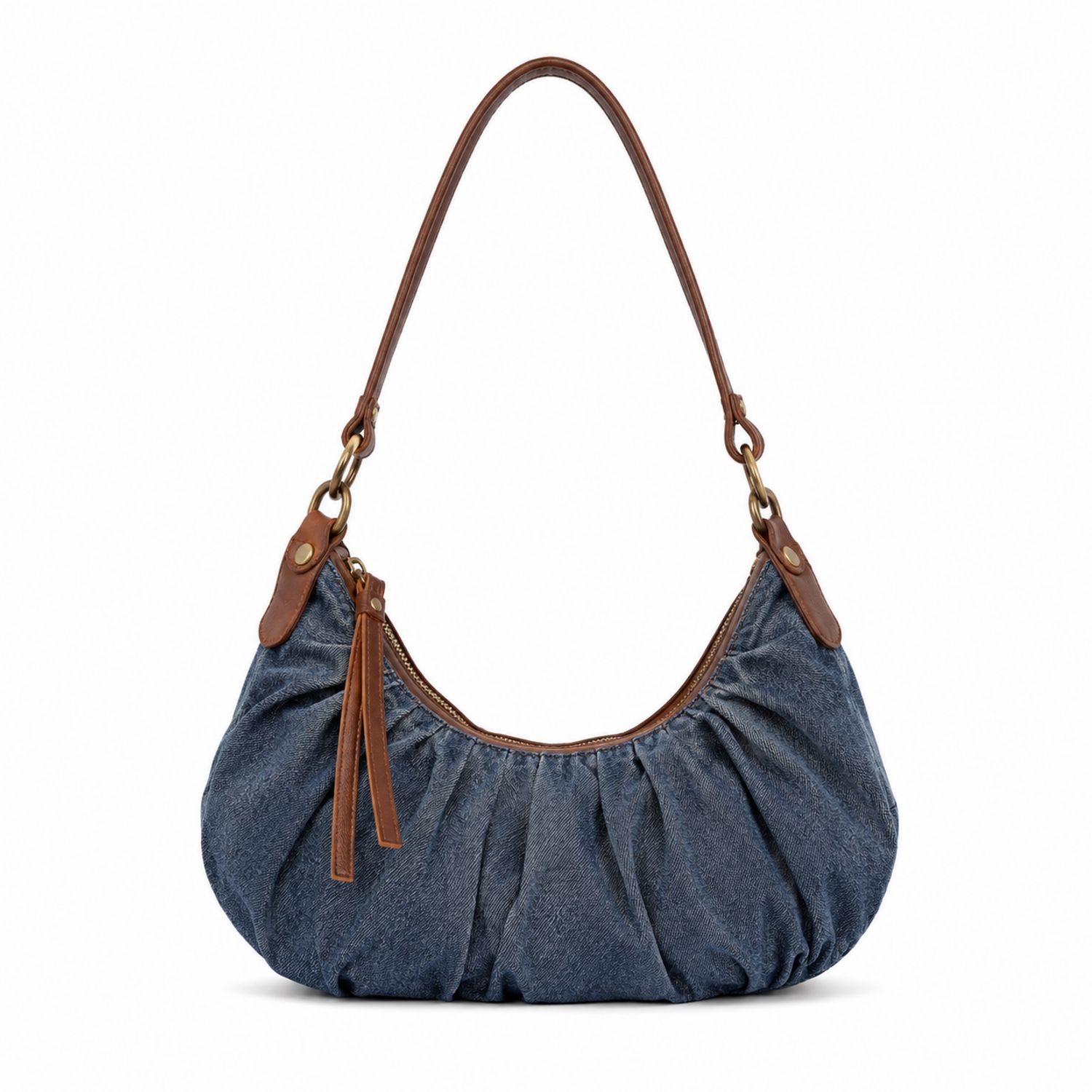 Sac à main bandoulière en denim bleu et cuir marron-nordrel