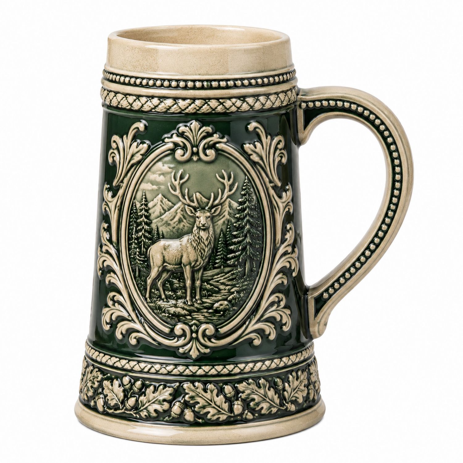 Jarra de Cerveza en Relieve con Ciervo Verde y Beige-Urbanvirel
