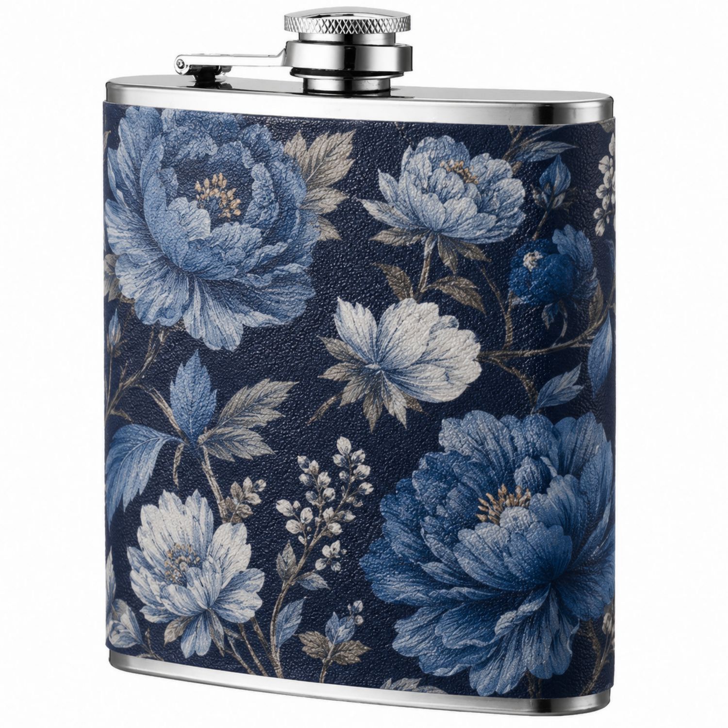 Petaca de Acero Inoxidable con Estampado Floral Azul de 240ml-Urbanvirel