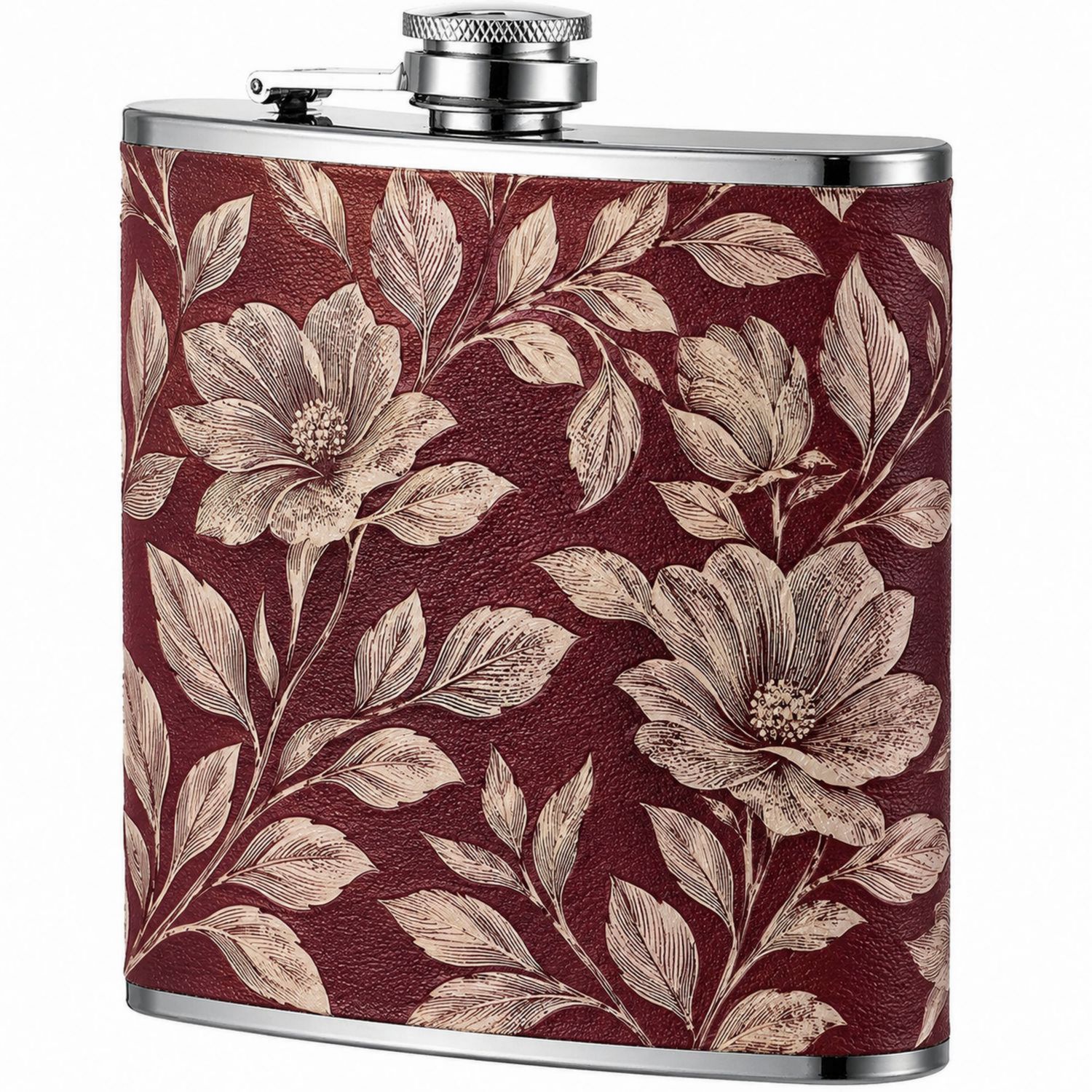 Petaca Elegante de Acero Inoxidable con Diseño Floral en Burdeos-Urbanvirel