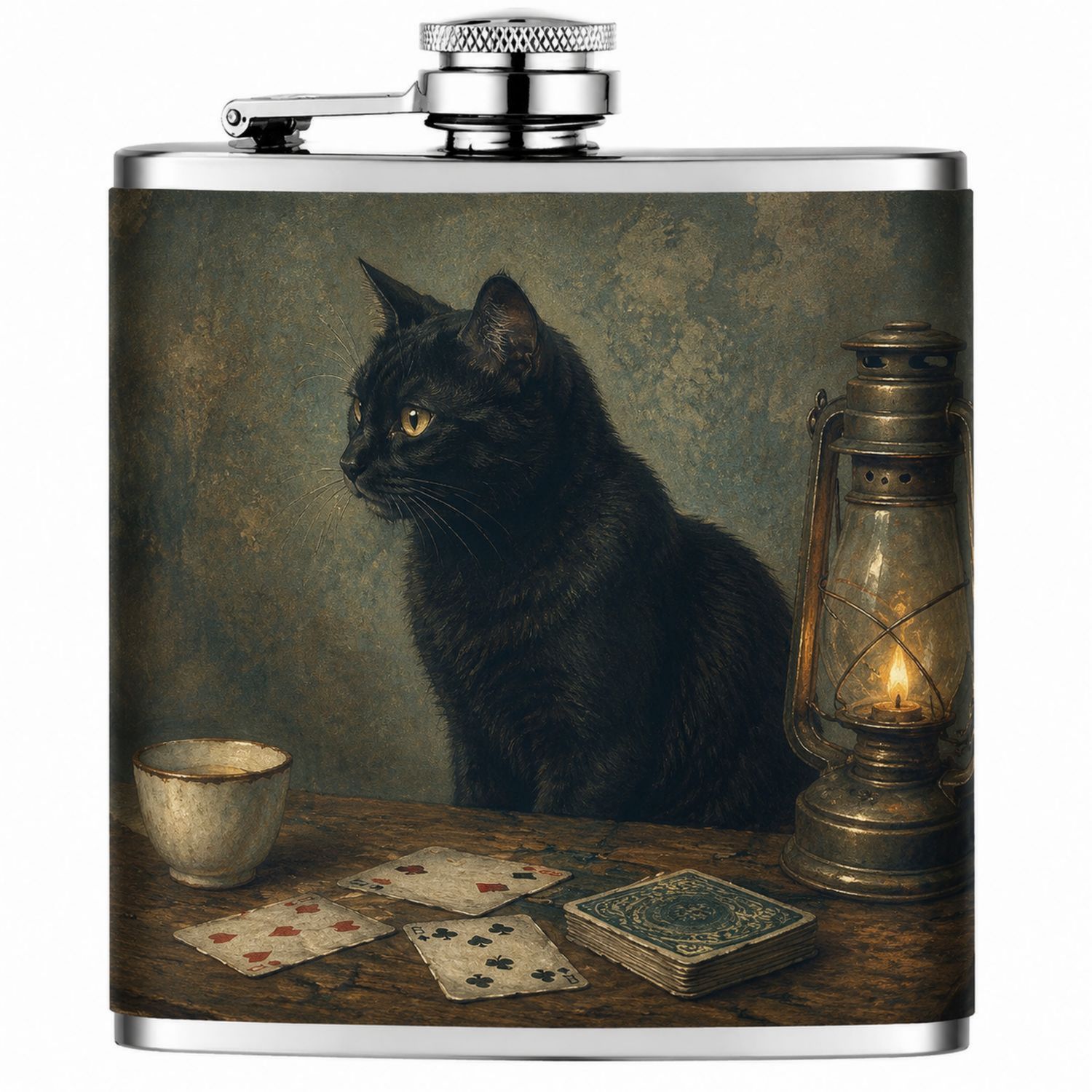 Petaca Decorativa con Gato Negro, Cartas de Póker y Farol-Urbanvirel