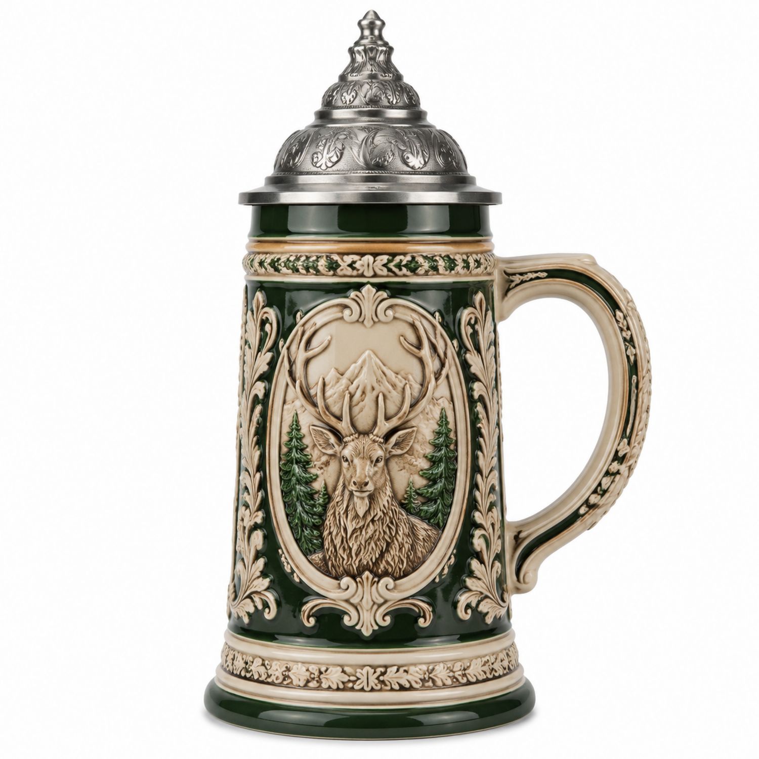 Jarra de Cerveza de Cerámica con Ciervo y Tapa de Metal-Urbanvirel