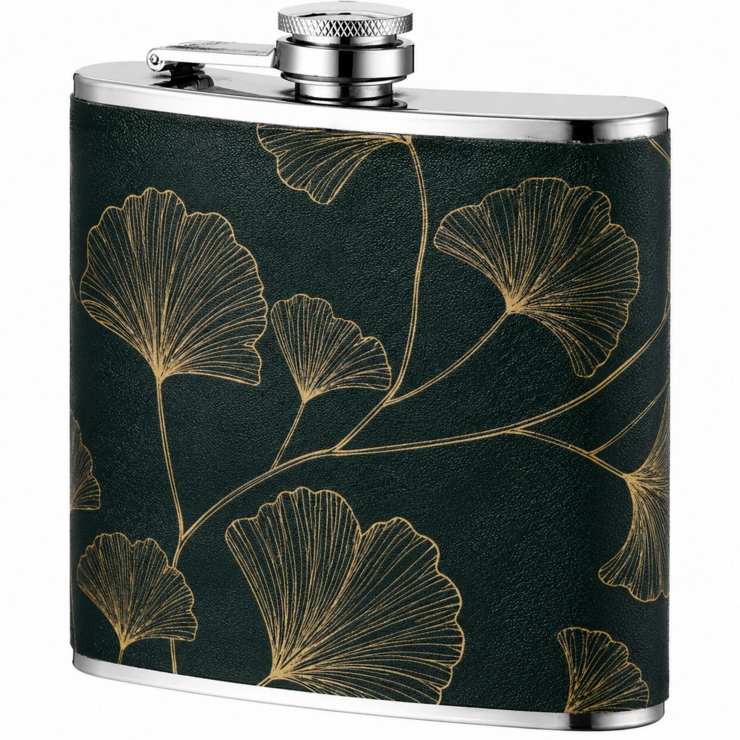 Petaca de Acero Inoxidable con Diseño Floral Dorado sobre Fondo Verde 200ml-Urbanvirel