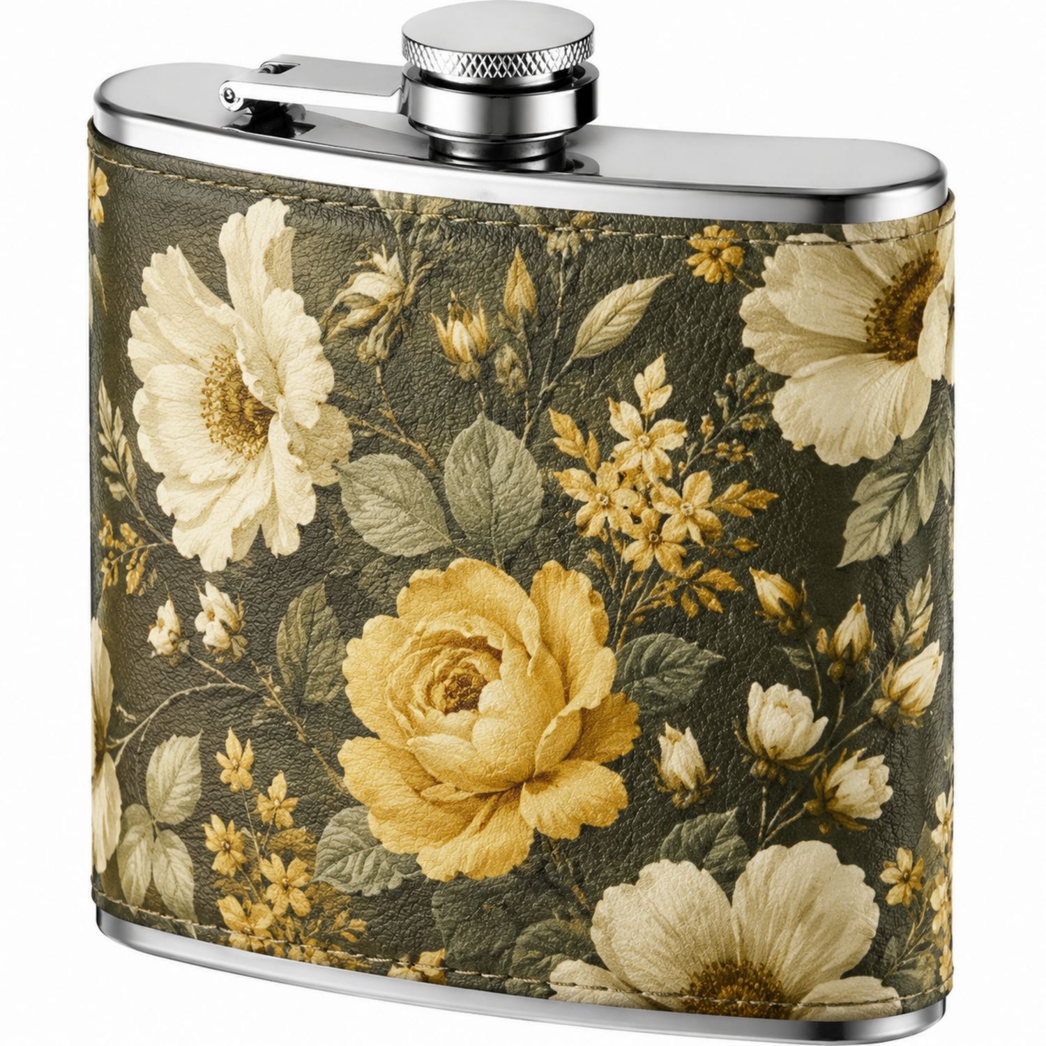 Petaca Vintage de Acero Inoxidable con Diseño Floral Amarillo 180ml-Urbanvirel