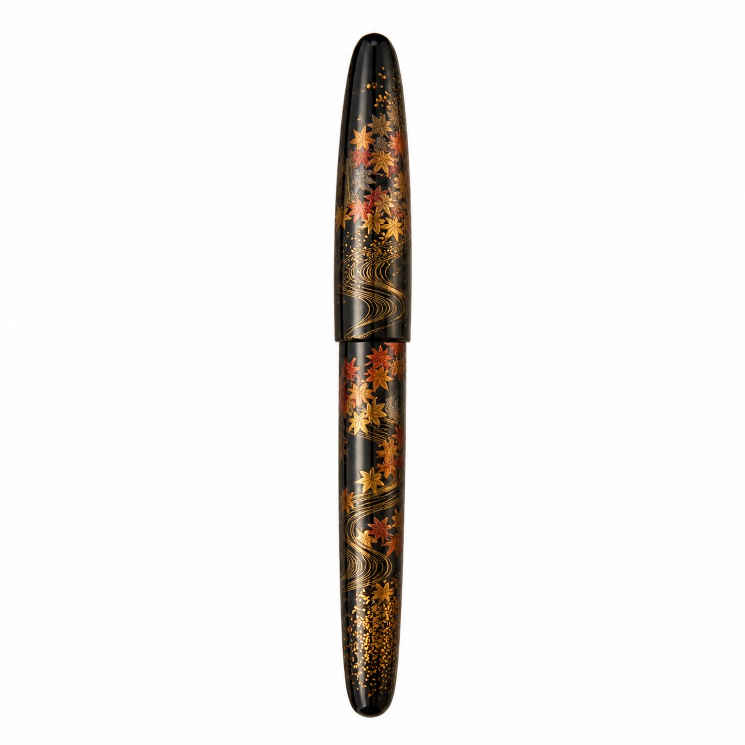 Pluma Estilográfica Negra con Diseño de Hojas de Arce Doradas y Naranjas