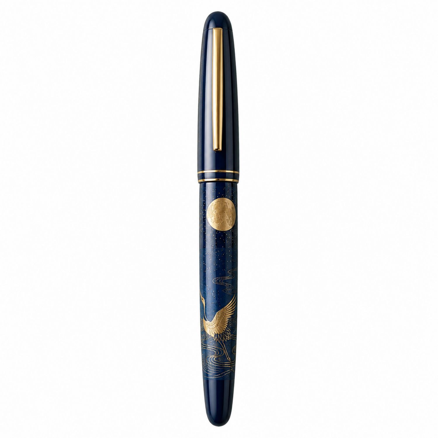 Pluma Estilográfica Azul con Decoración Oro Grulla y Luna