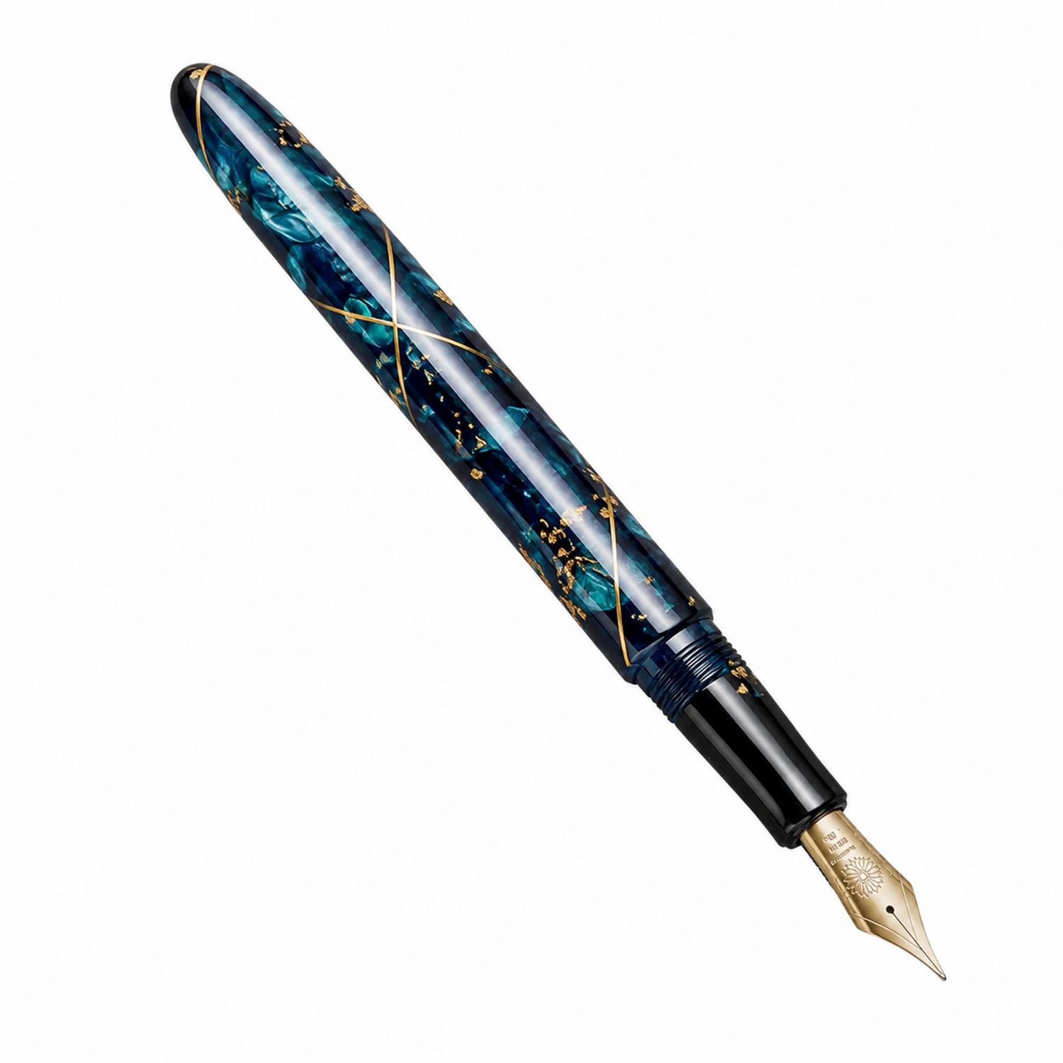 Pluma Estilográfica Azul Marmoleado con Detalles Dorados Punta Fina 14cm