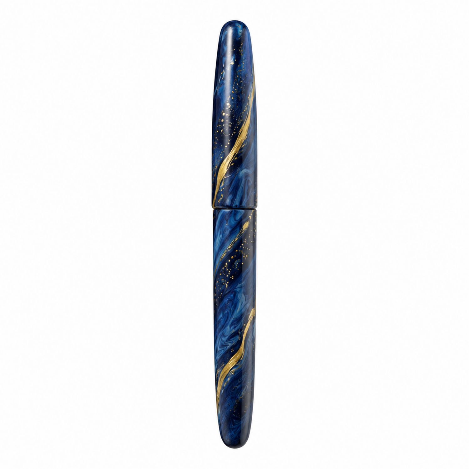 Pluma estilográfica azul con detalles dorados y diseño ergonómico