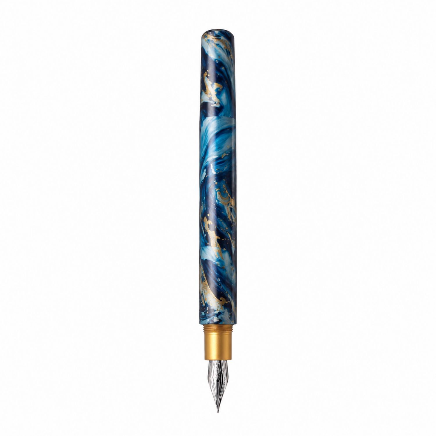 Pluma estilográfica azul mármol con punta fina y detalles dorados
