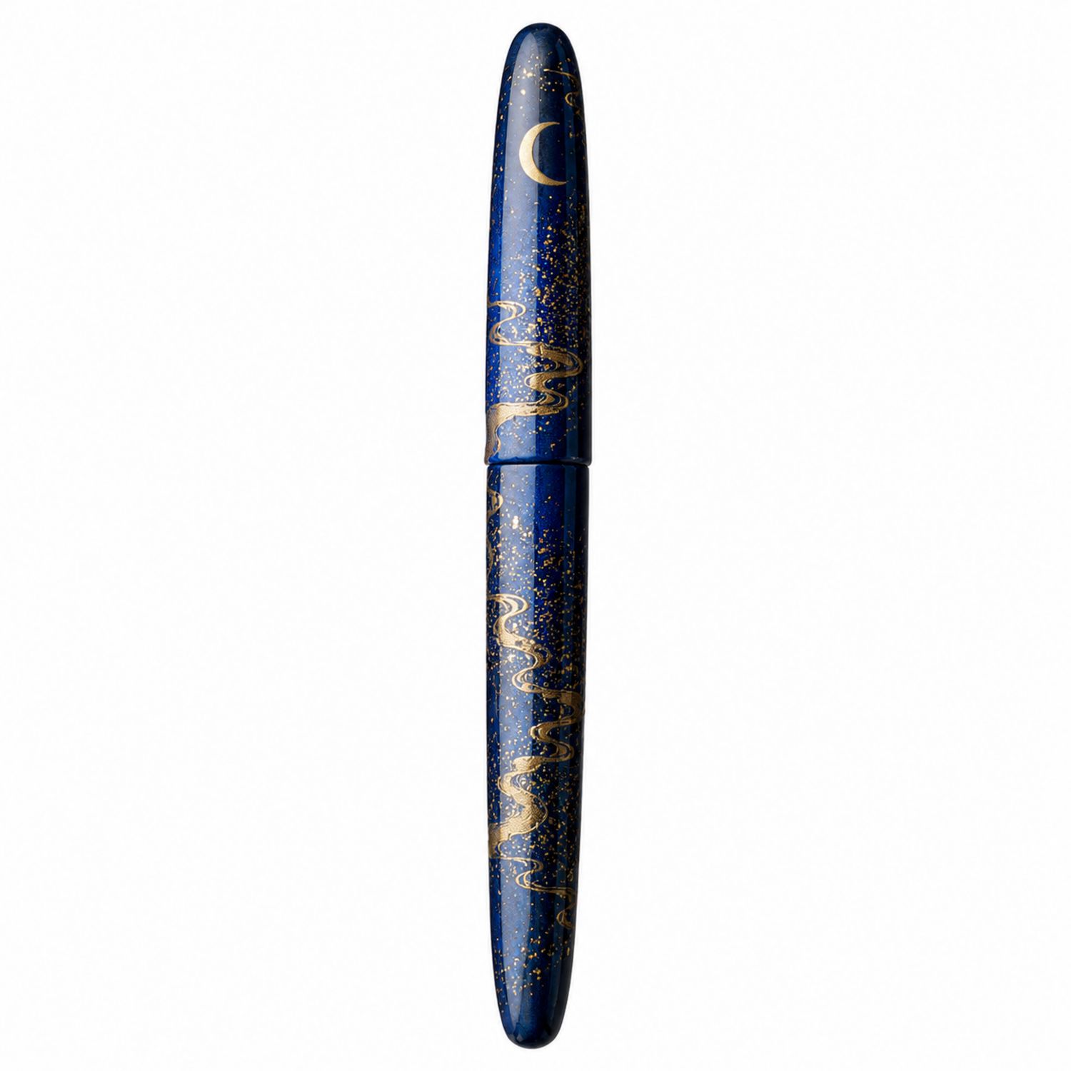 Pluma estilográfica azul con motivos dorados y diseño de luna