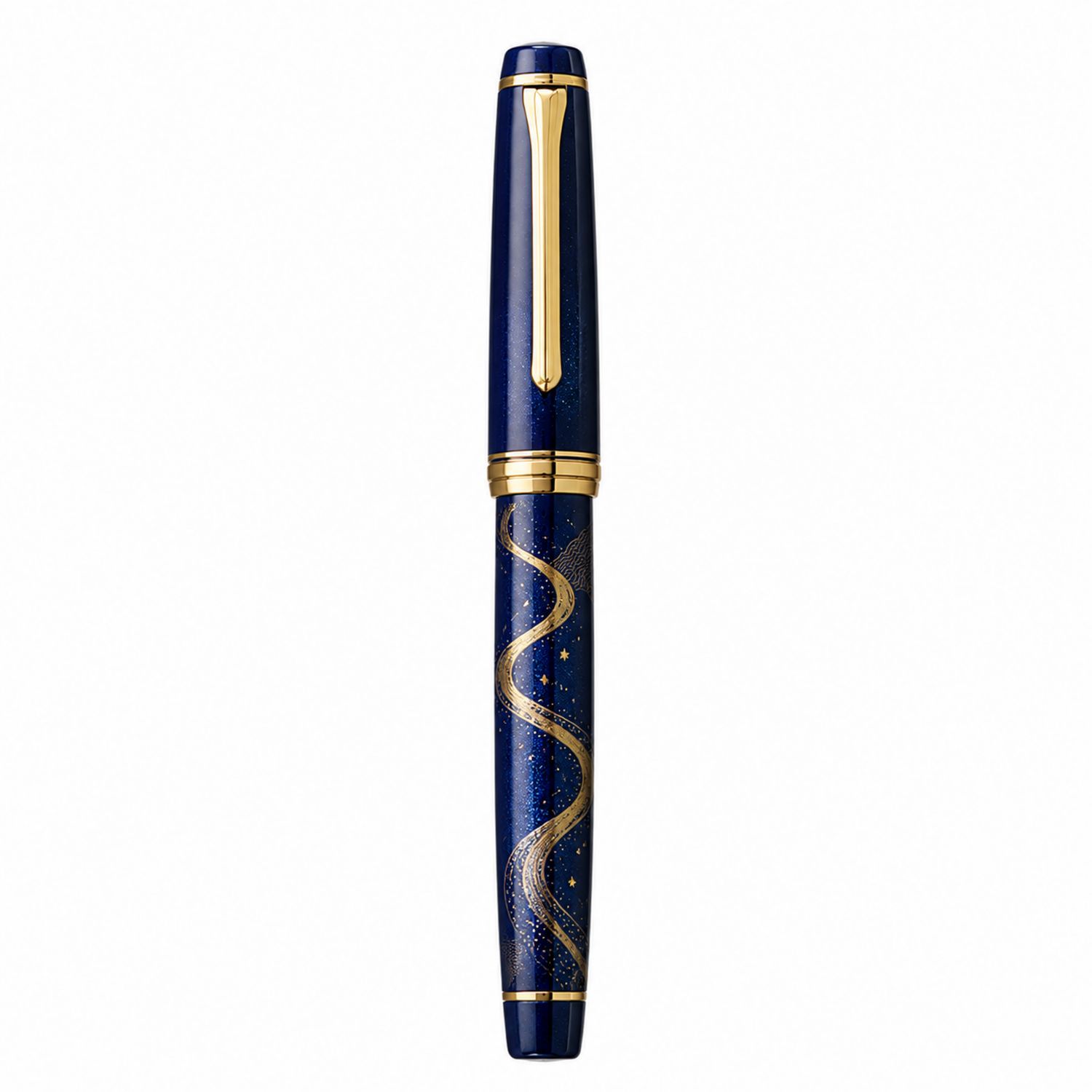 Pluma estilográfica azul y dorada con diseño elegante