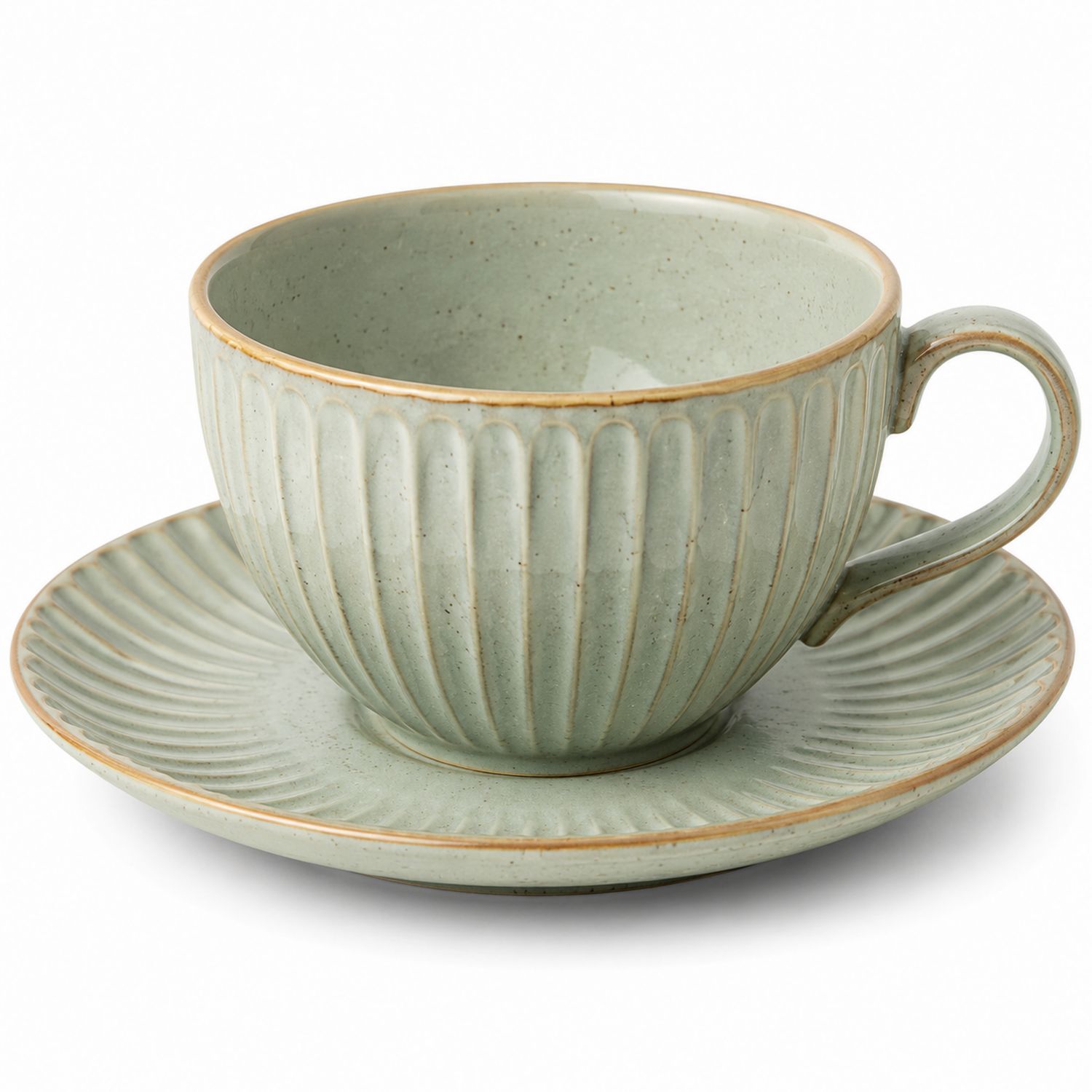 Taza y Platillo de Cerámica Verde Rústica 250ml