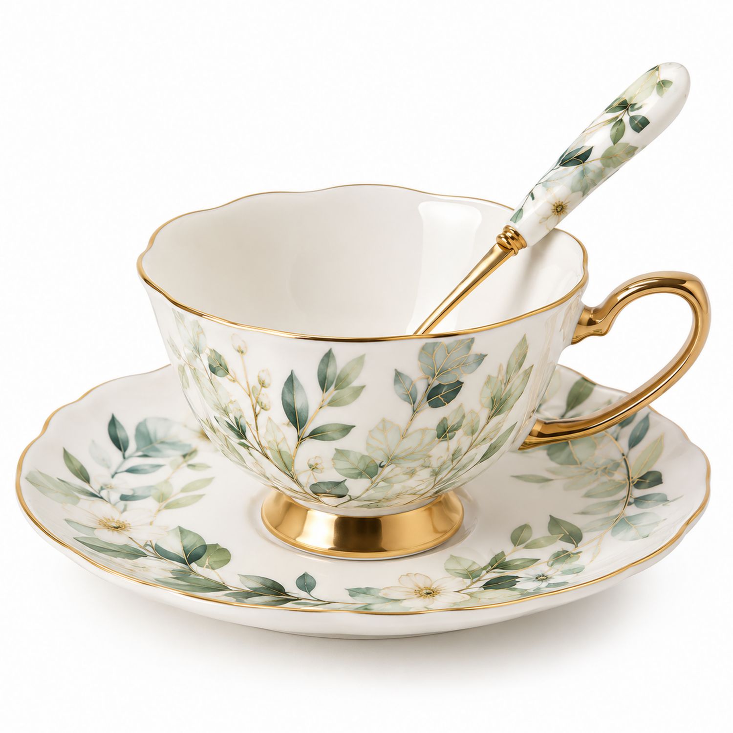 Taza de Té con Platillo y Cuchara en Diseño Floral Verde y Dorado
