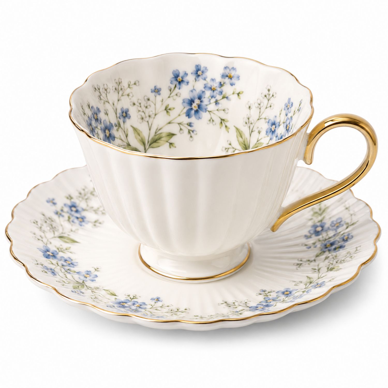 Taza de té con platillo floral azul y detalles dorados