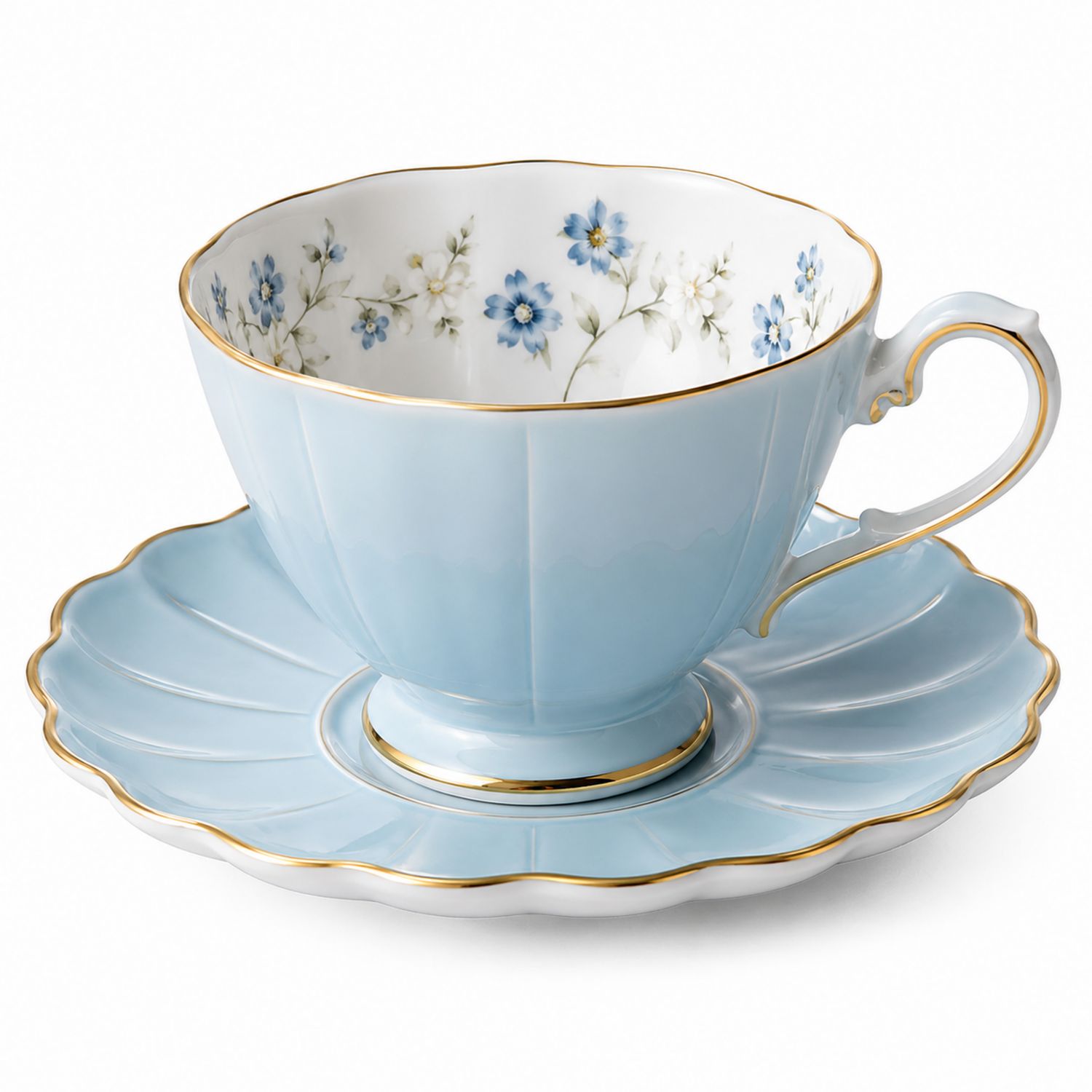 Taza de té de porcelana azul con diseño floral y detalles dorados
