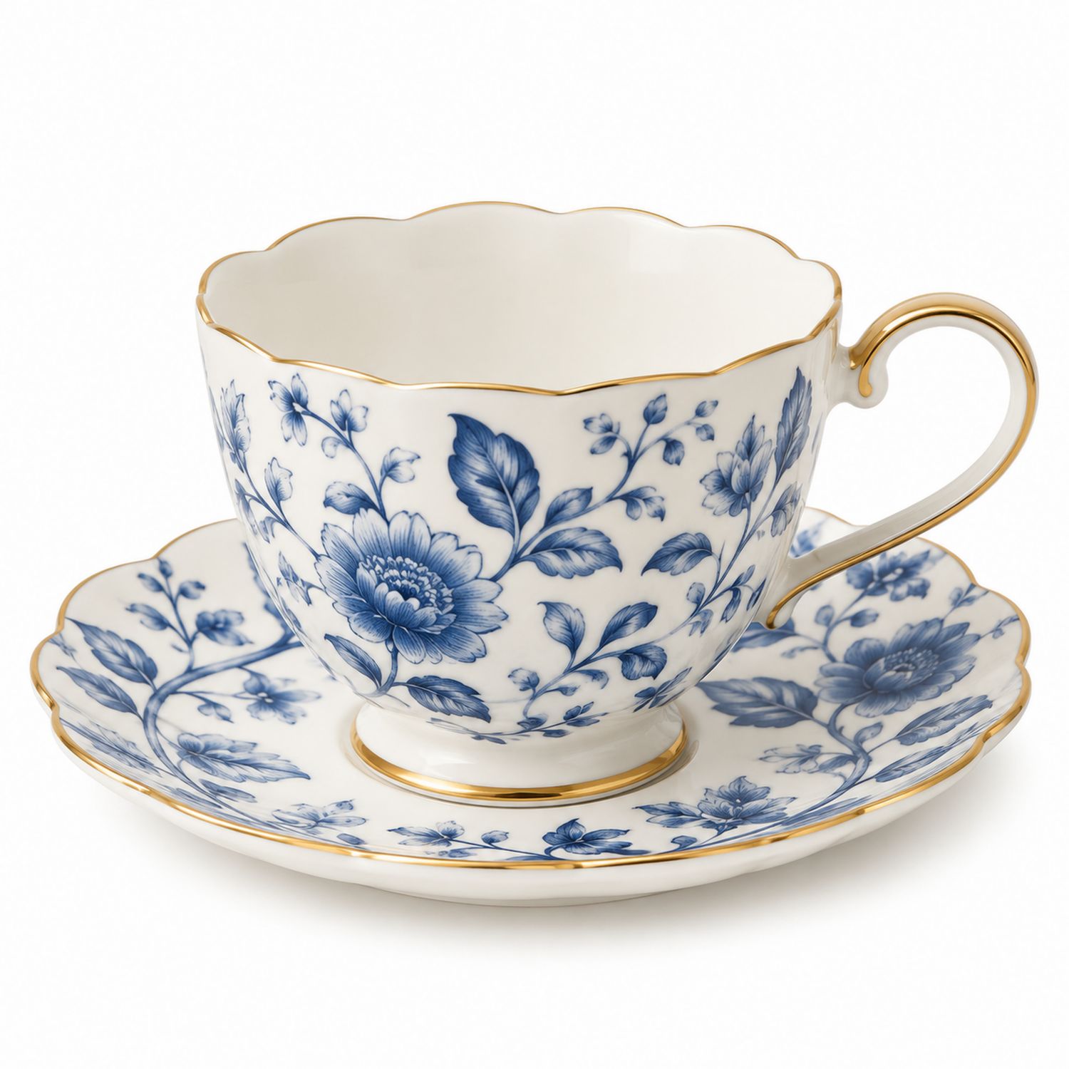 Taza y Platillo con Diseño Floral Azul y Detalles Dorados