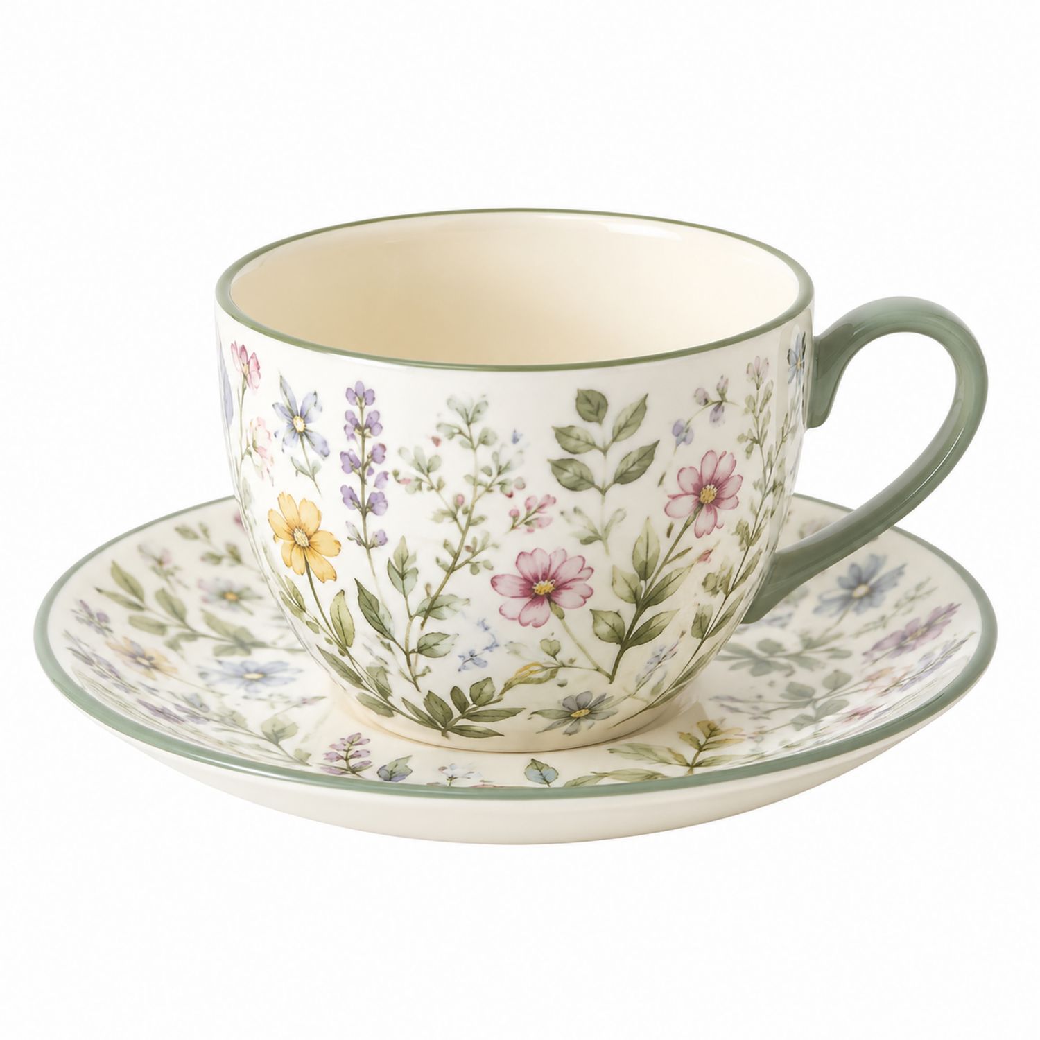 Taza y Plato de Cerámica con Diseño Floral Multicolor