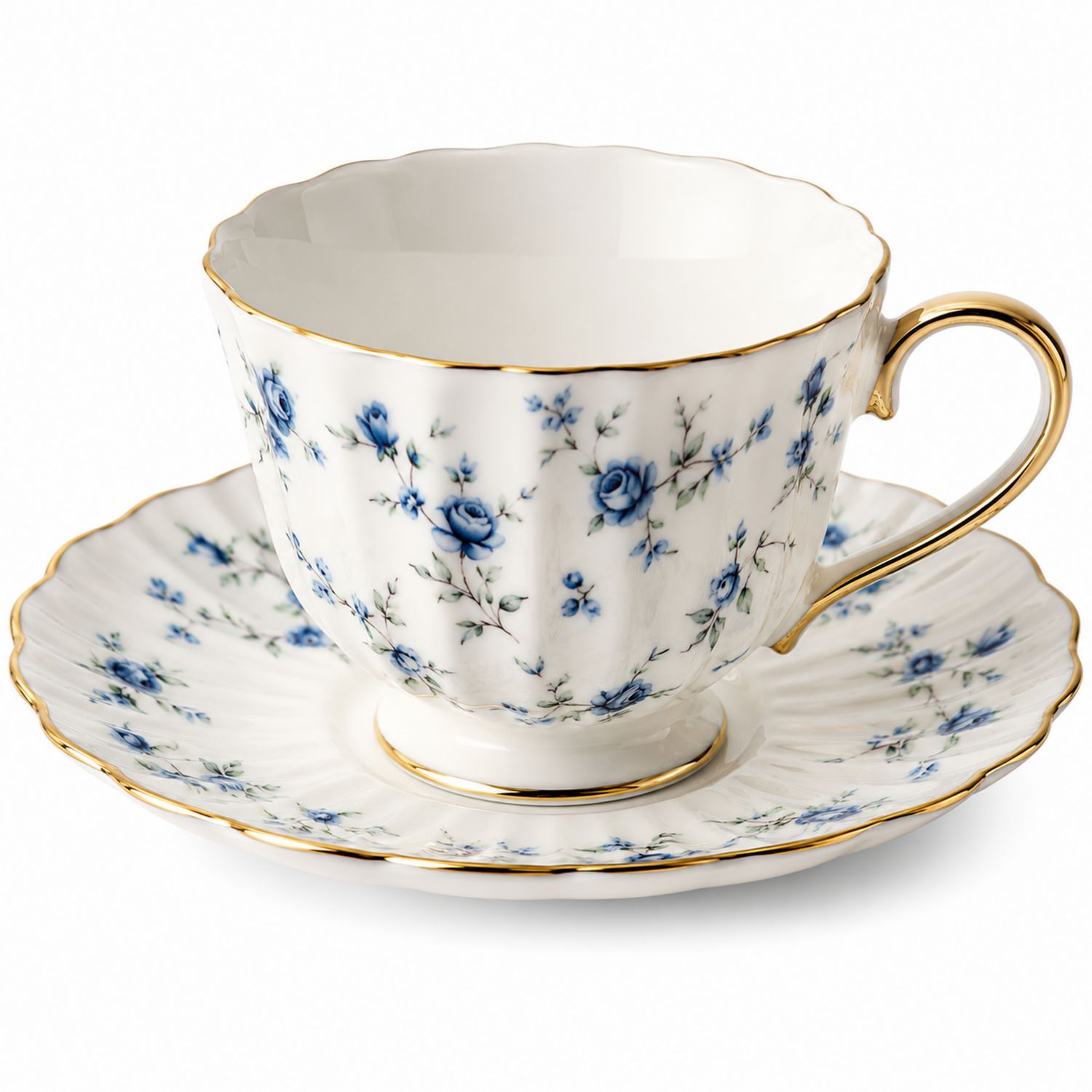 Taza y plato de porcelana con diseño floral azul y detalles dorados
