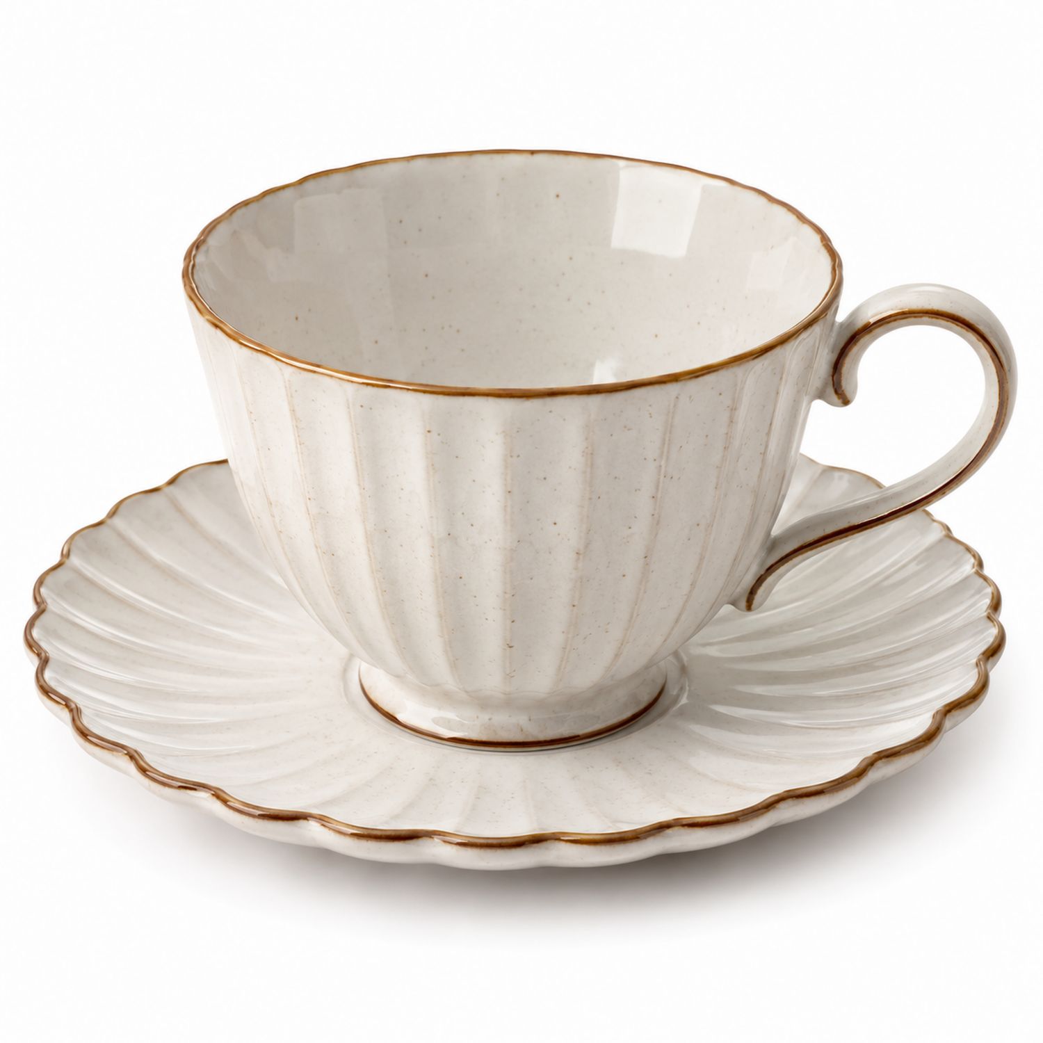 Taza con Platillo Beige con Relieve y Detalles Dorados