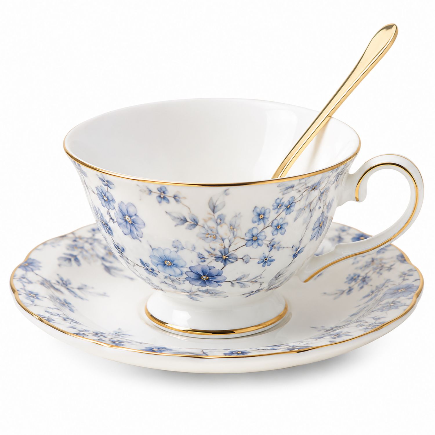 Juego de Taza y Platillo Floral Azul con Borde Dorado
