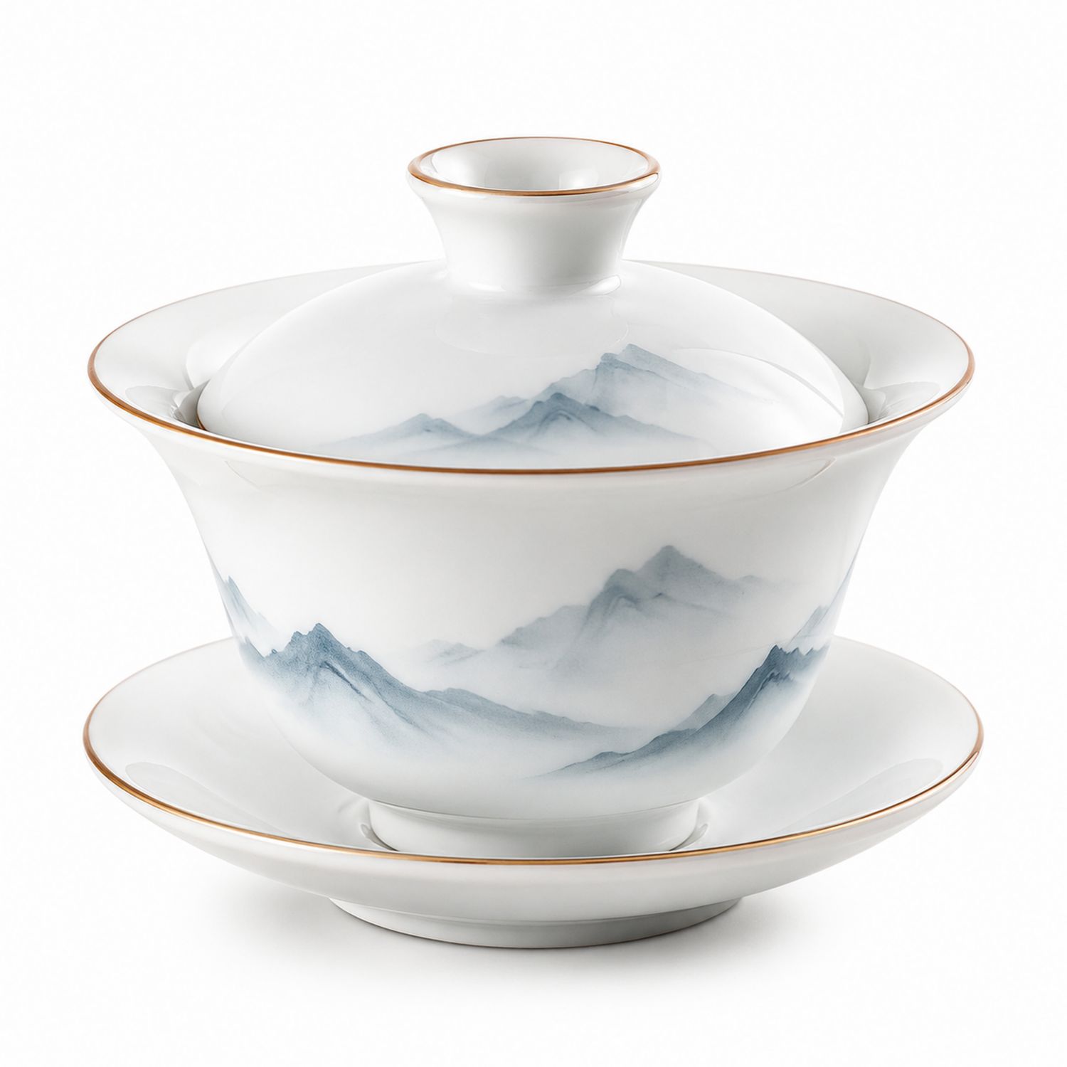 Gaiwan de Porcelana con Paisaje Montañoso Azul y Blanco