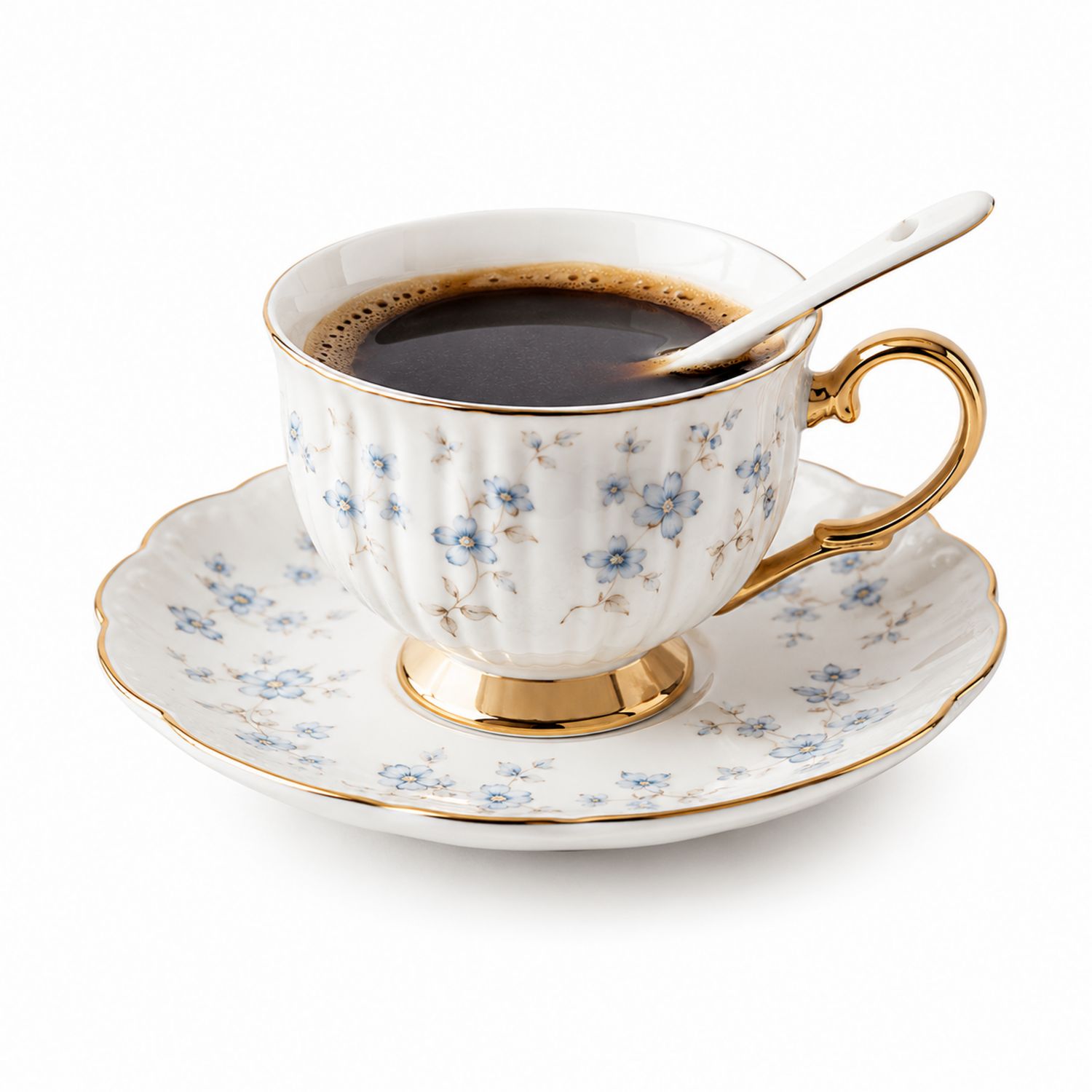 Taza de Café con Diseño Floral Azul y Detalles Dorados