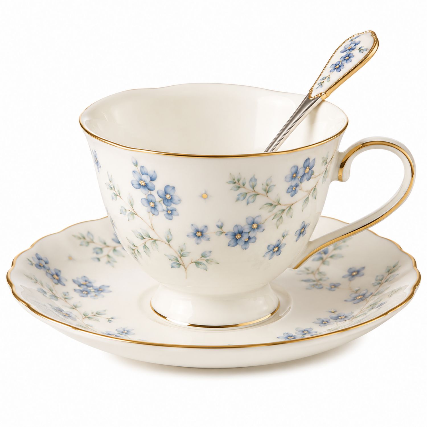 Juego de Taza de Té con Flores Azules y Detalles en Oro