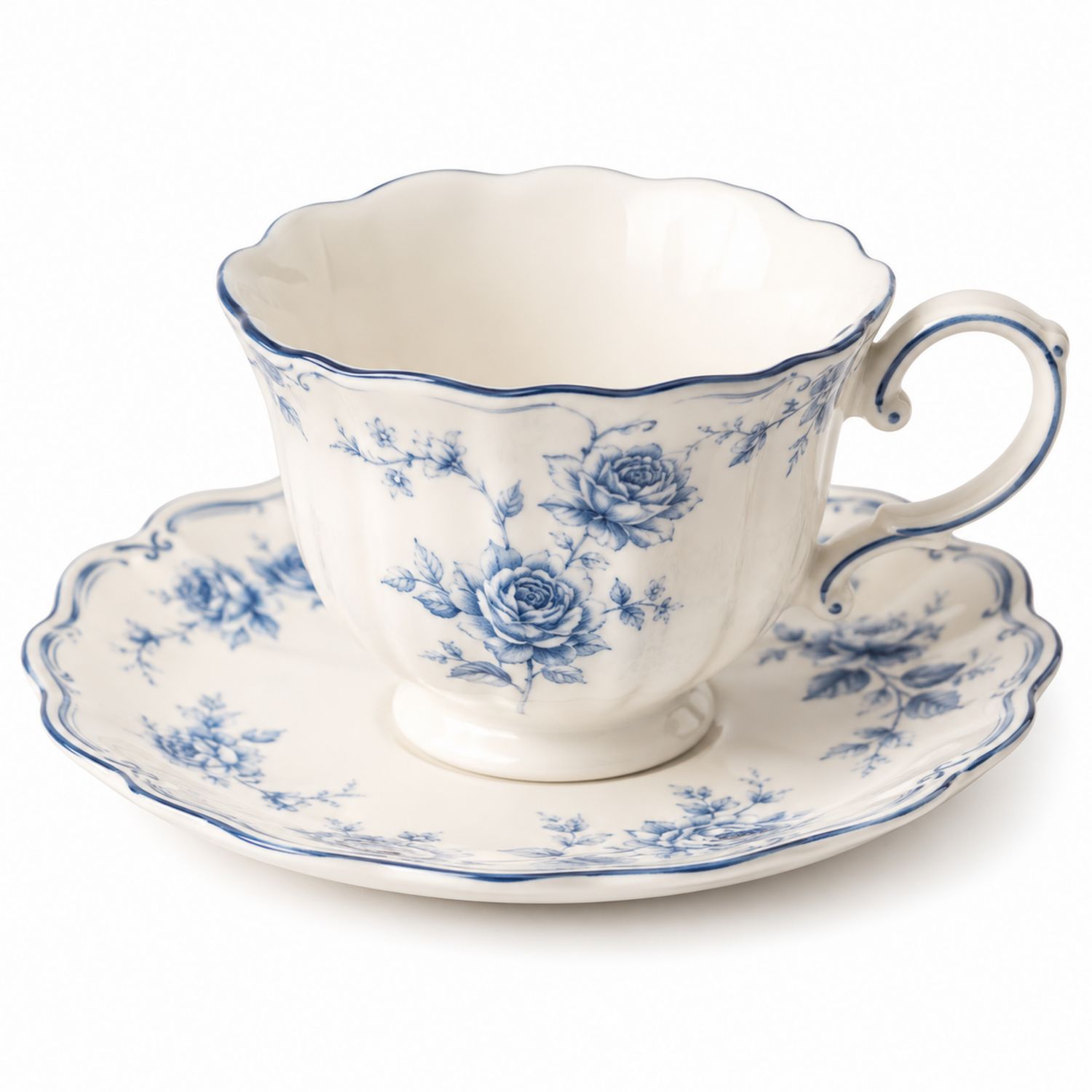 Taza de Porcelana con Plato y Diseño Floral Azul Clásico