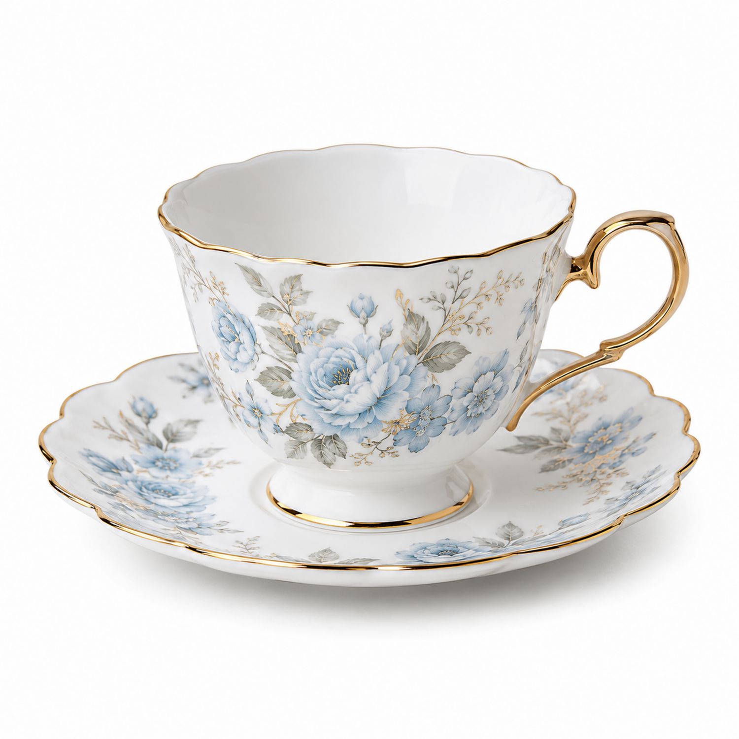 Set de Taza y Plato de Porcelana con Flores Azules y Detalles Dorados