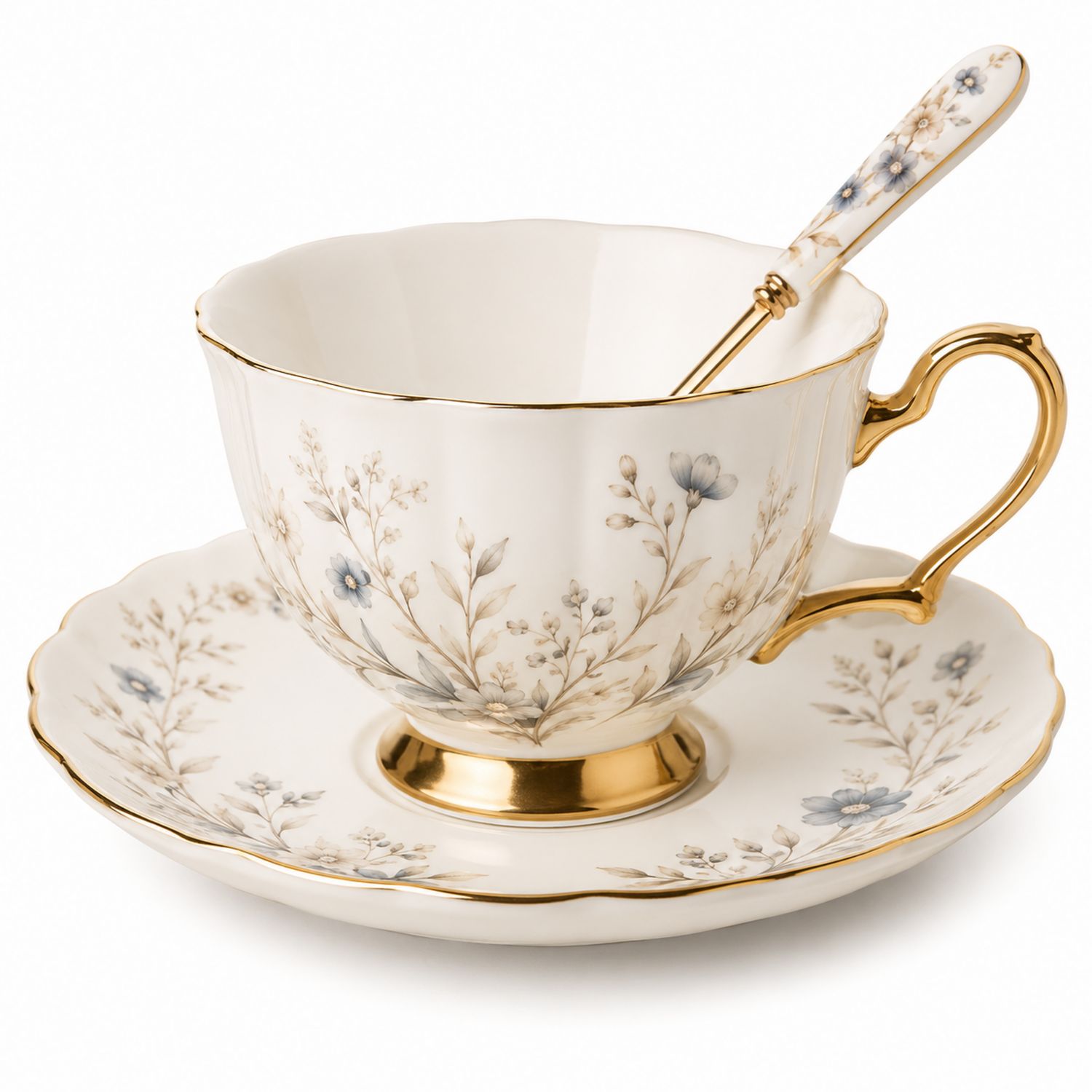 Set de Té Floral con Borde Dorado y Cuchara Decorativa
