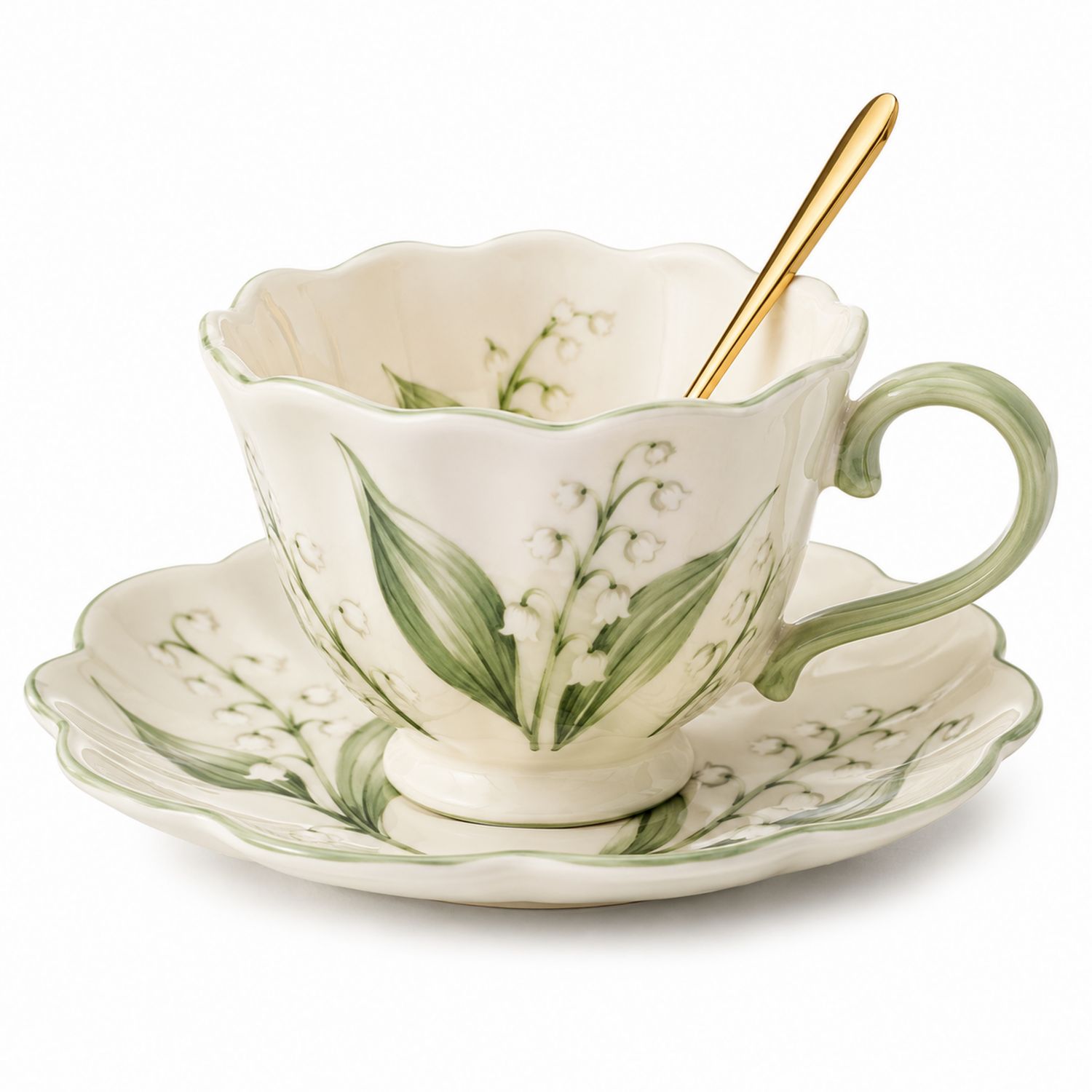 Taza de Té con Platillo y Cuchara Diseño Floral Blanco y Verde