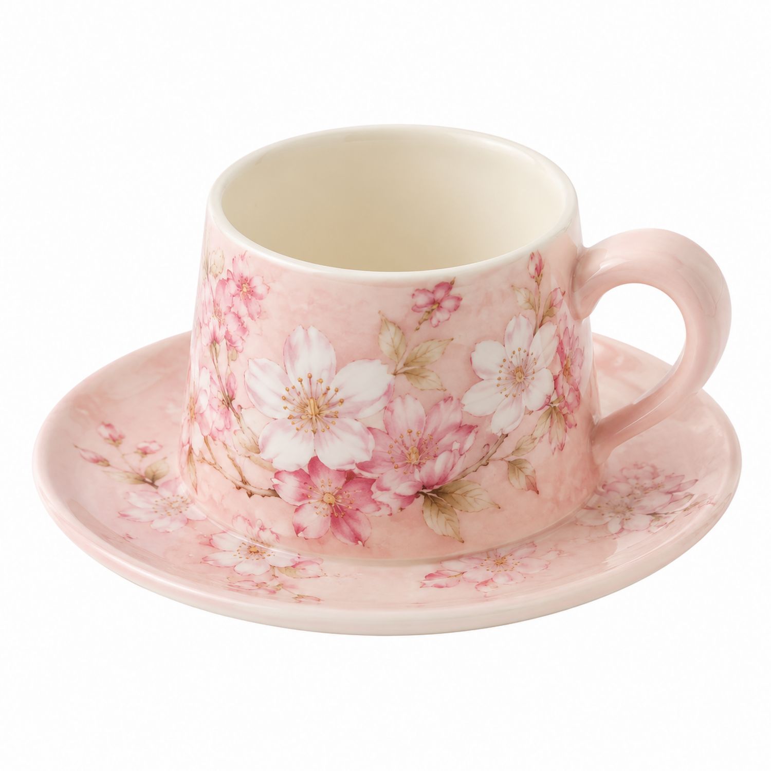 Taza y Platillo de Cerámica con Diseño de Flores de Cerezo en Rosa