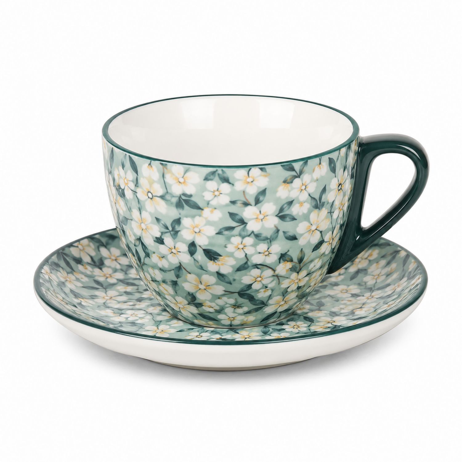 Taza y Platillo de Cerámica con Diseño Floral Verde y Blanco