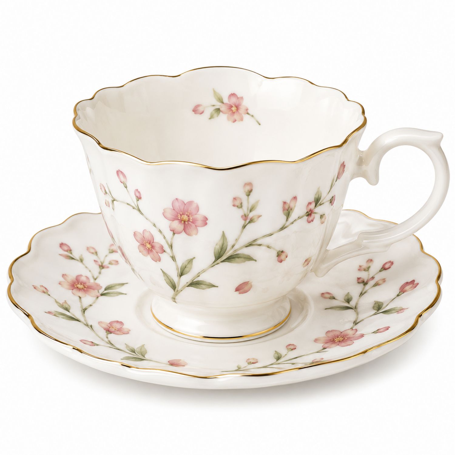 Juego de Taza y Plato con Flores Rosadas y Bordes Dorados