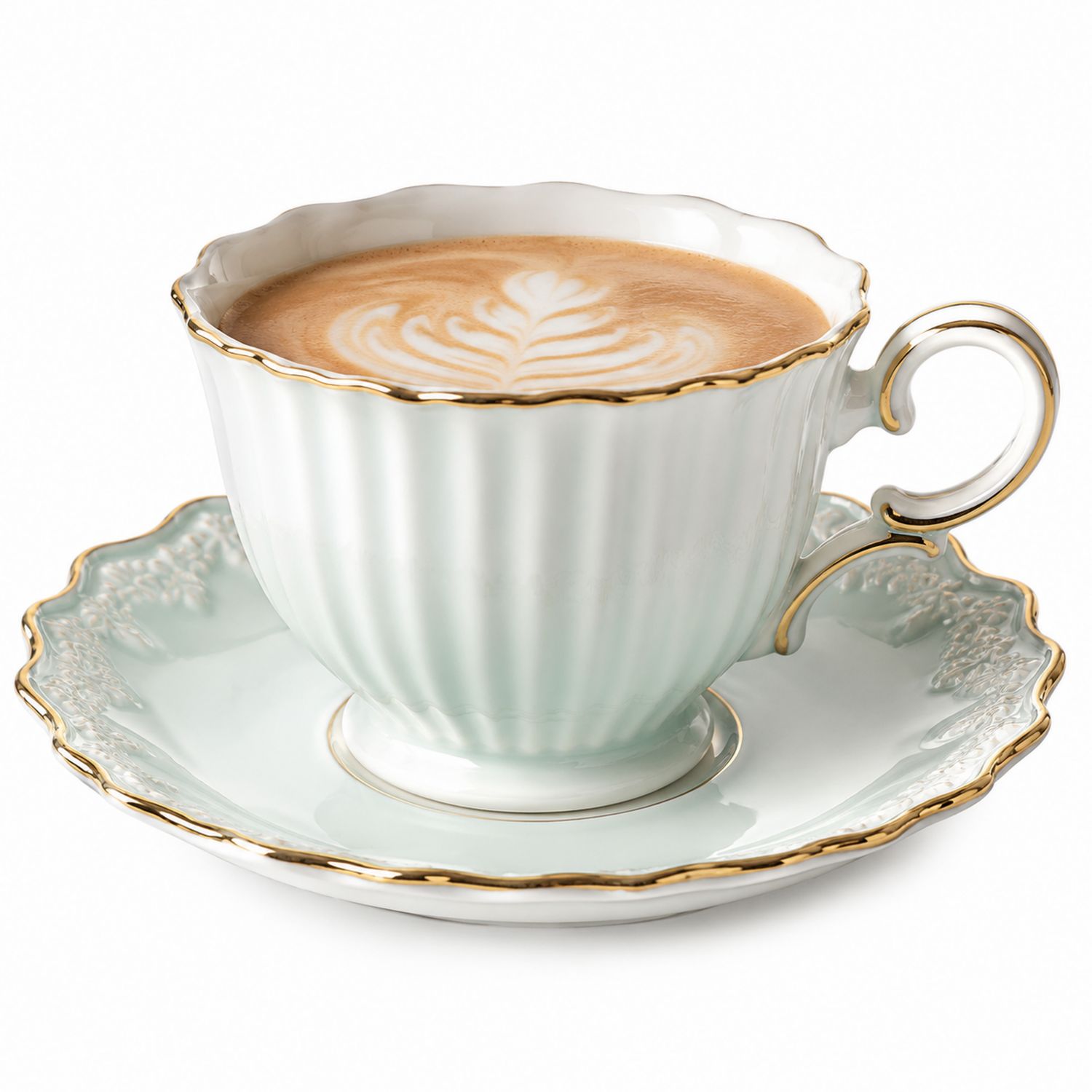 Taza de Café con Platillo de Porcelana Verde Menta y Dorado 150ml