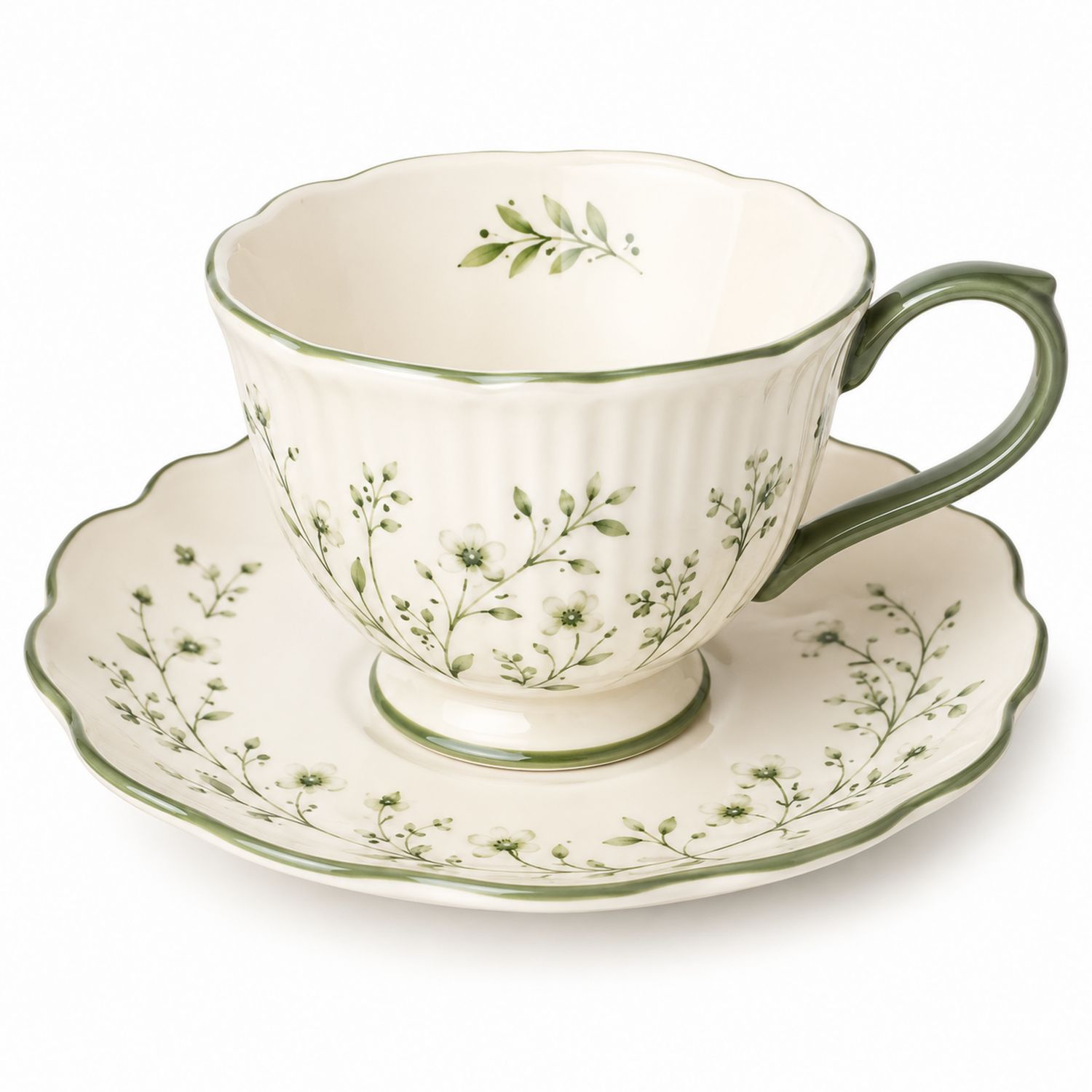 Taza con Platillo con Diseño Floral Verde