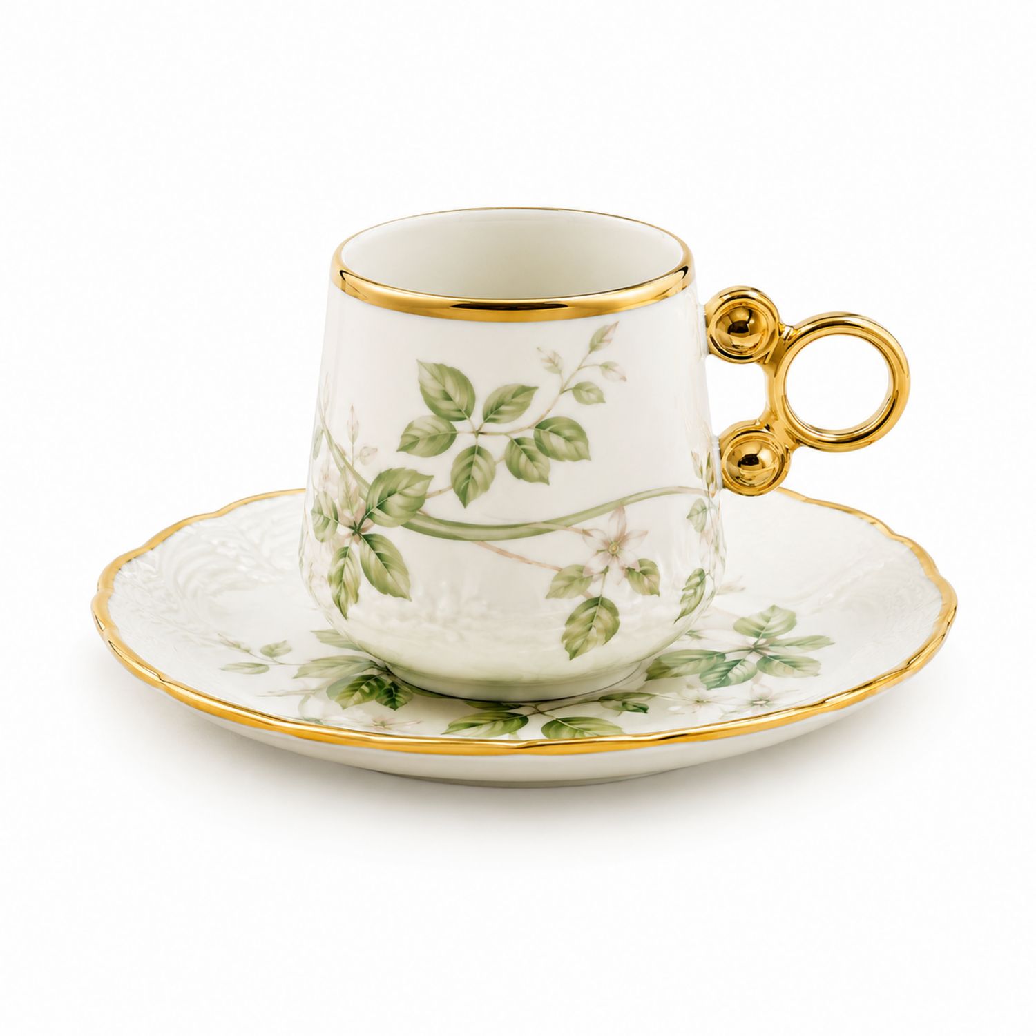 Taza de Porcelana con Plato Floral Verde y Oro