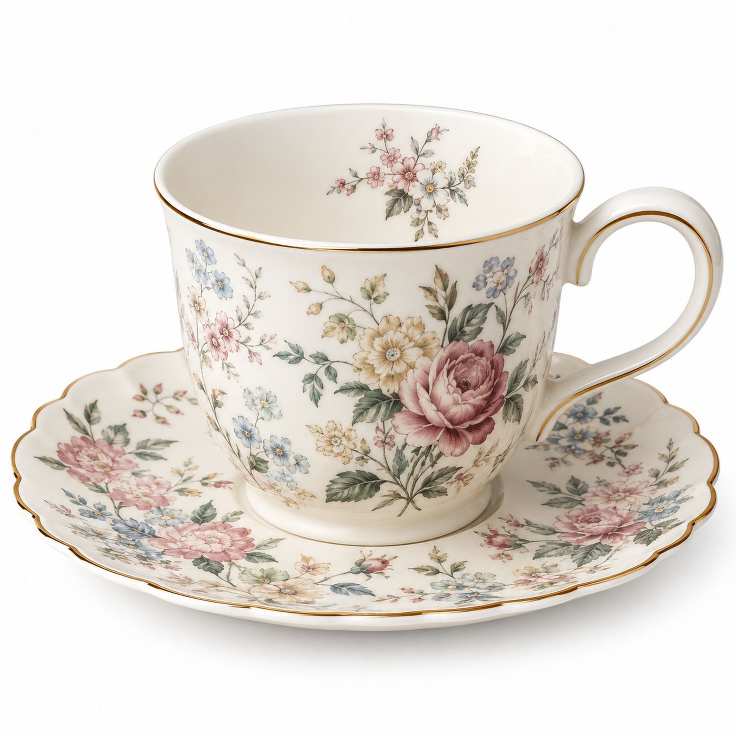 Taza de Porcelana Vintage con Flores y Detalles Dorados