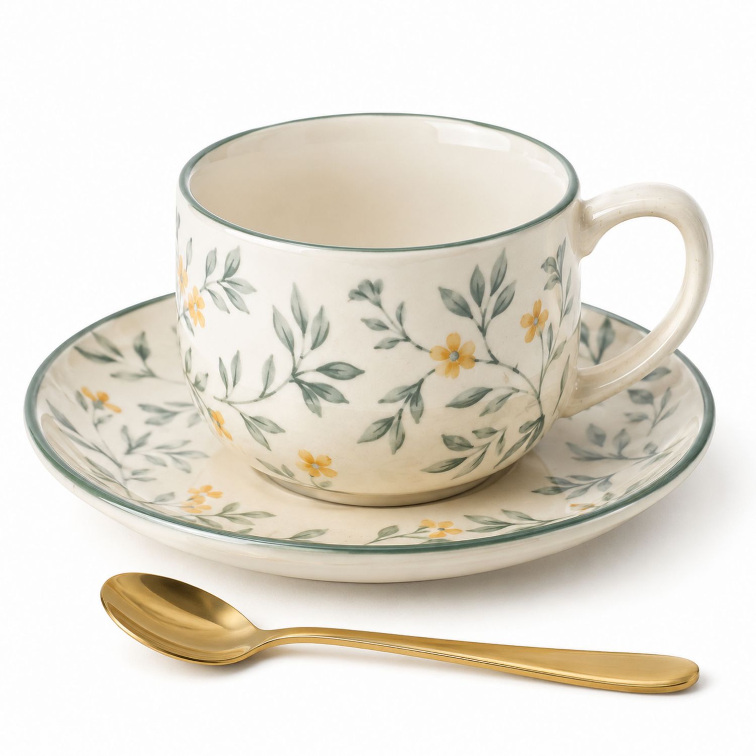 Taza con Platillo y Cuchara, Motivo Floral Amarillo
