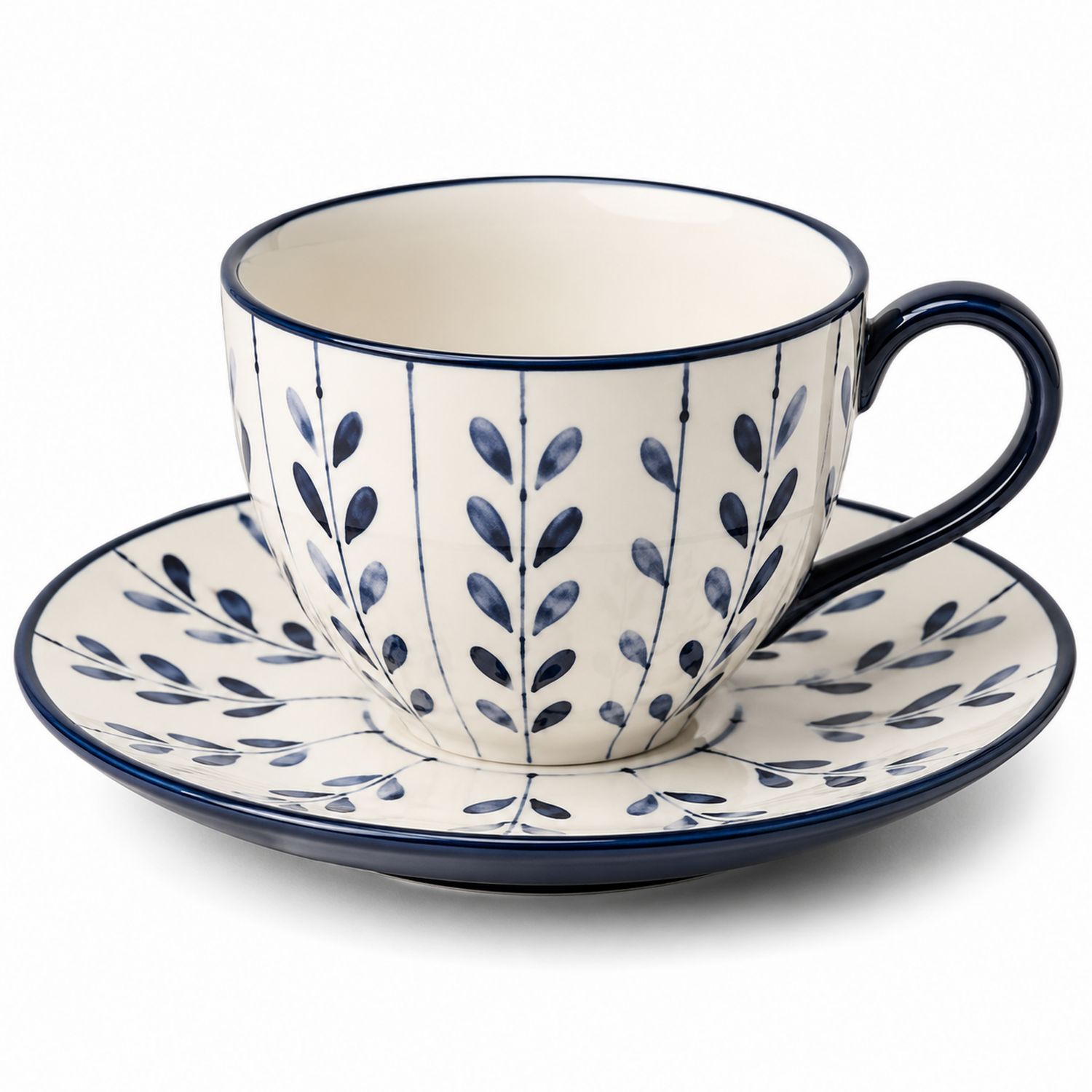 Taza y Platillo de Cerámica con Diseño Floral Azul y Crema