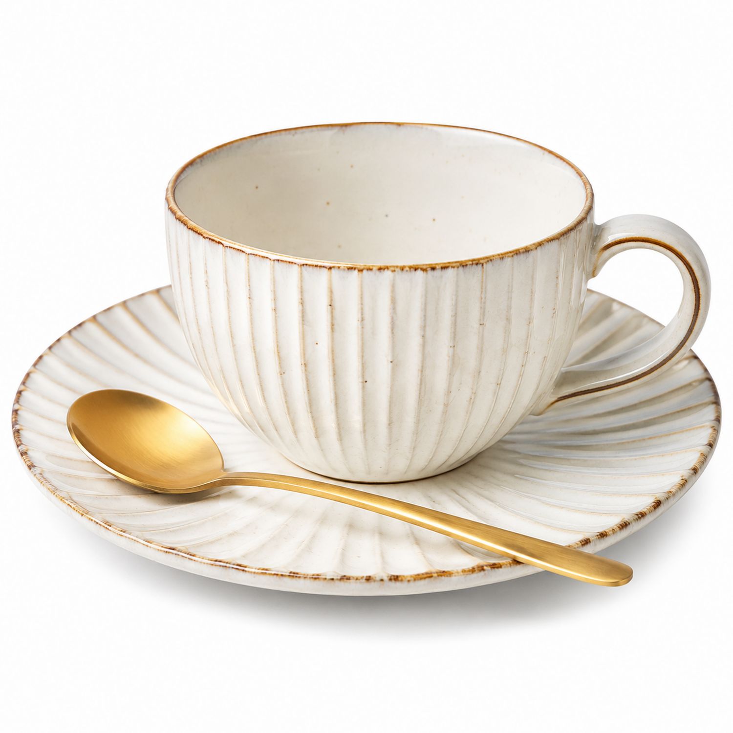 Juego de Taza de Cerámica Acanalada con Platillo y Cuchara Dorada