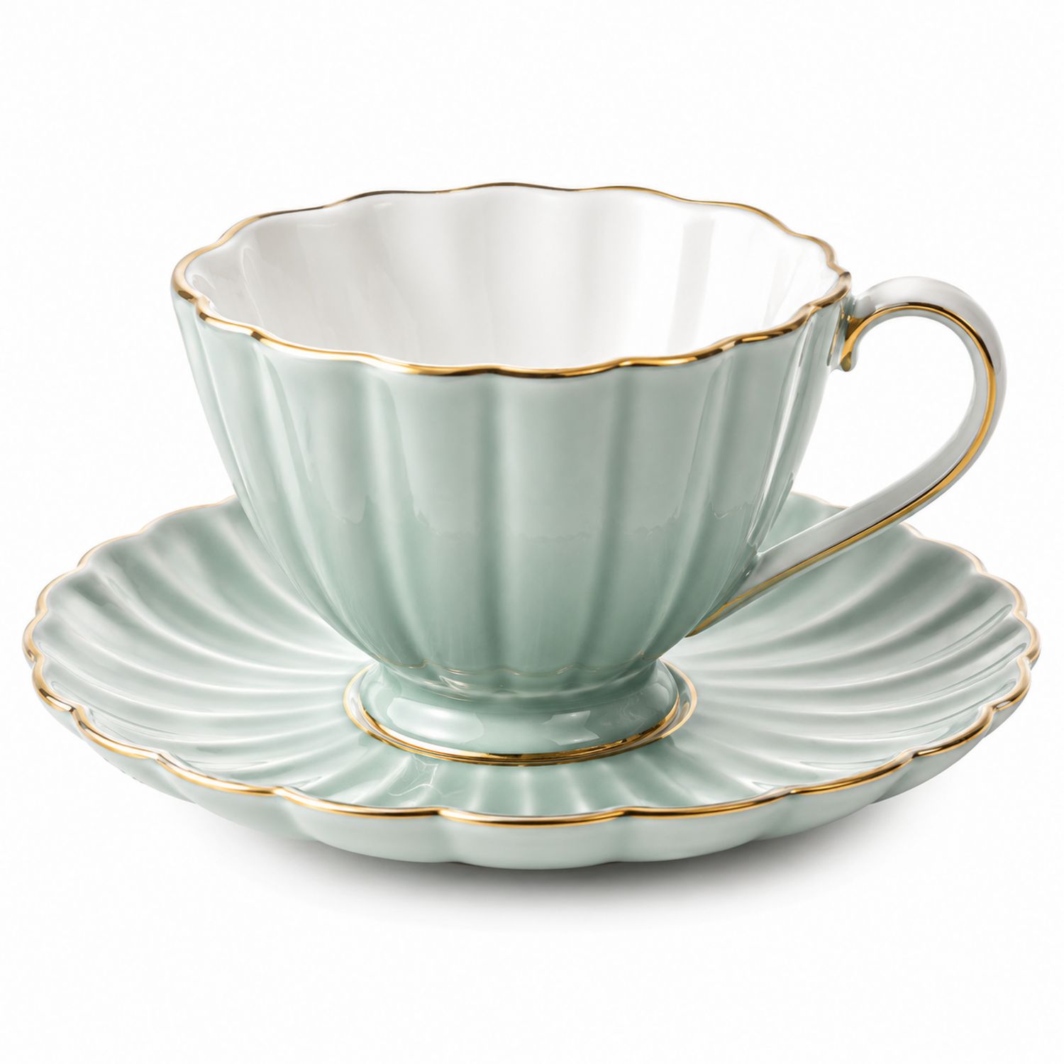 Juego de Taza y Plato Verde Agua con Detalles Dorados